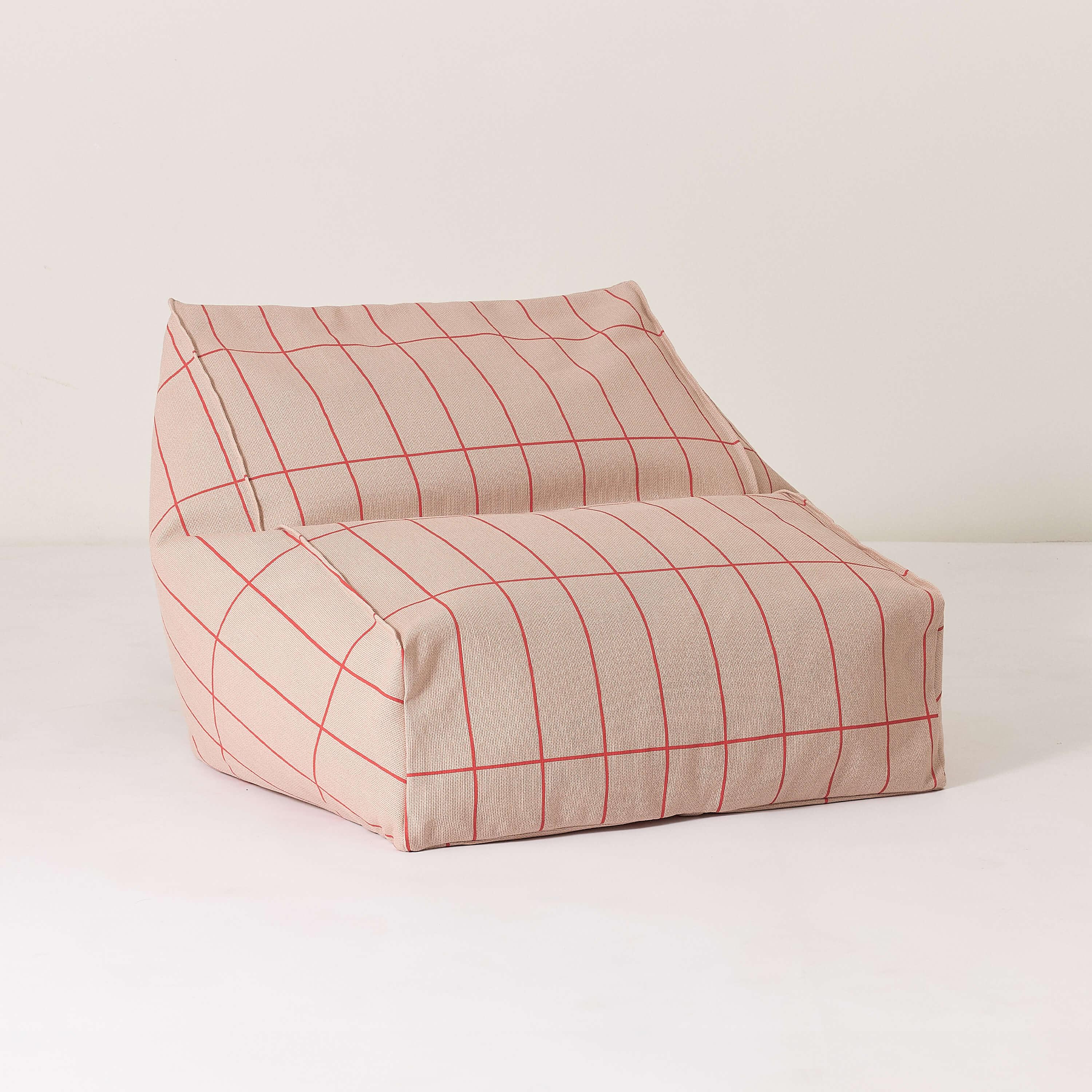 Nobodinoz Vibes armchair bean bag, cotton, pink with red grid pattern, modern design.