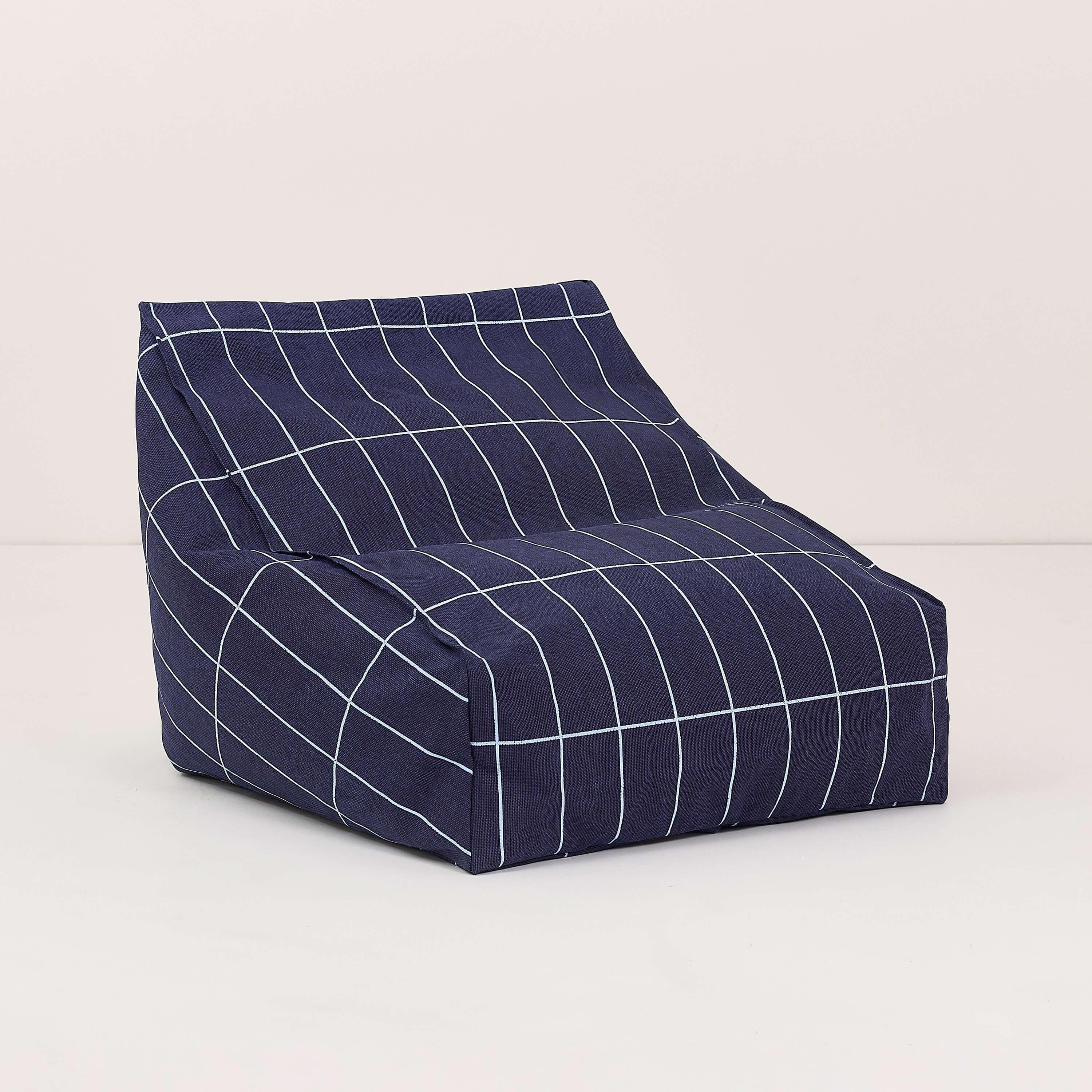 Nobodinoz Vibes navy blue grid cotton armchair beanbag on white background