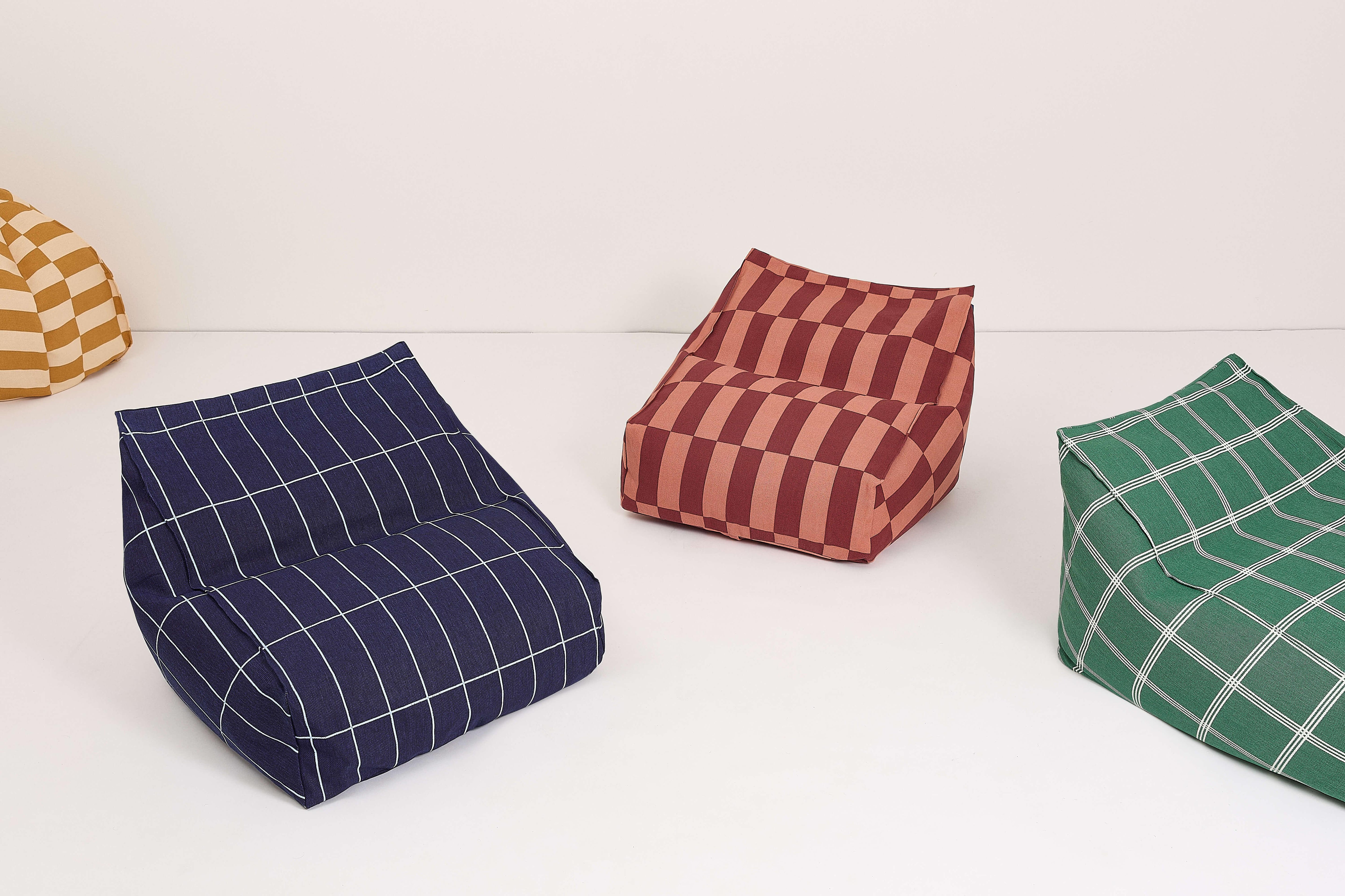 Nobodinoz Vibes armchair beanbags in navy blue, terracotta, green, checkered cotton fabric