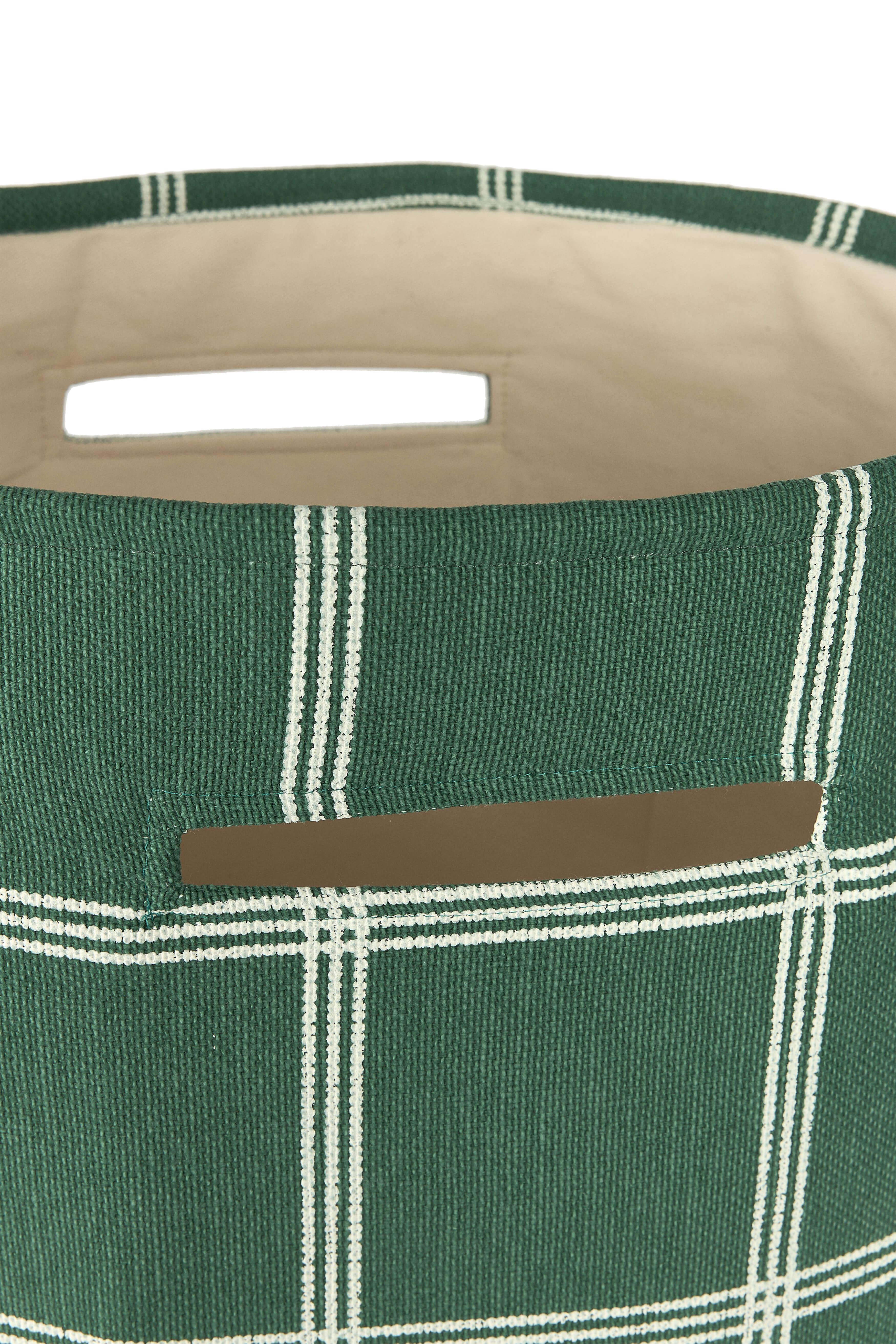 Nobodinoz large storage basket in green and white windowpane organic cotton fabric
