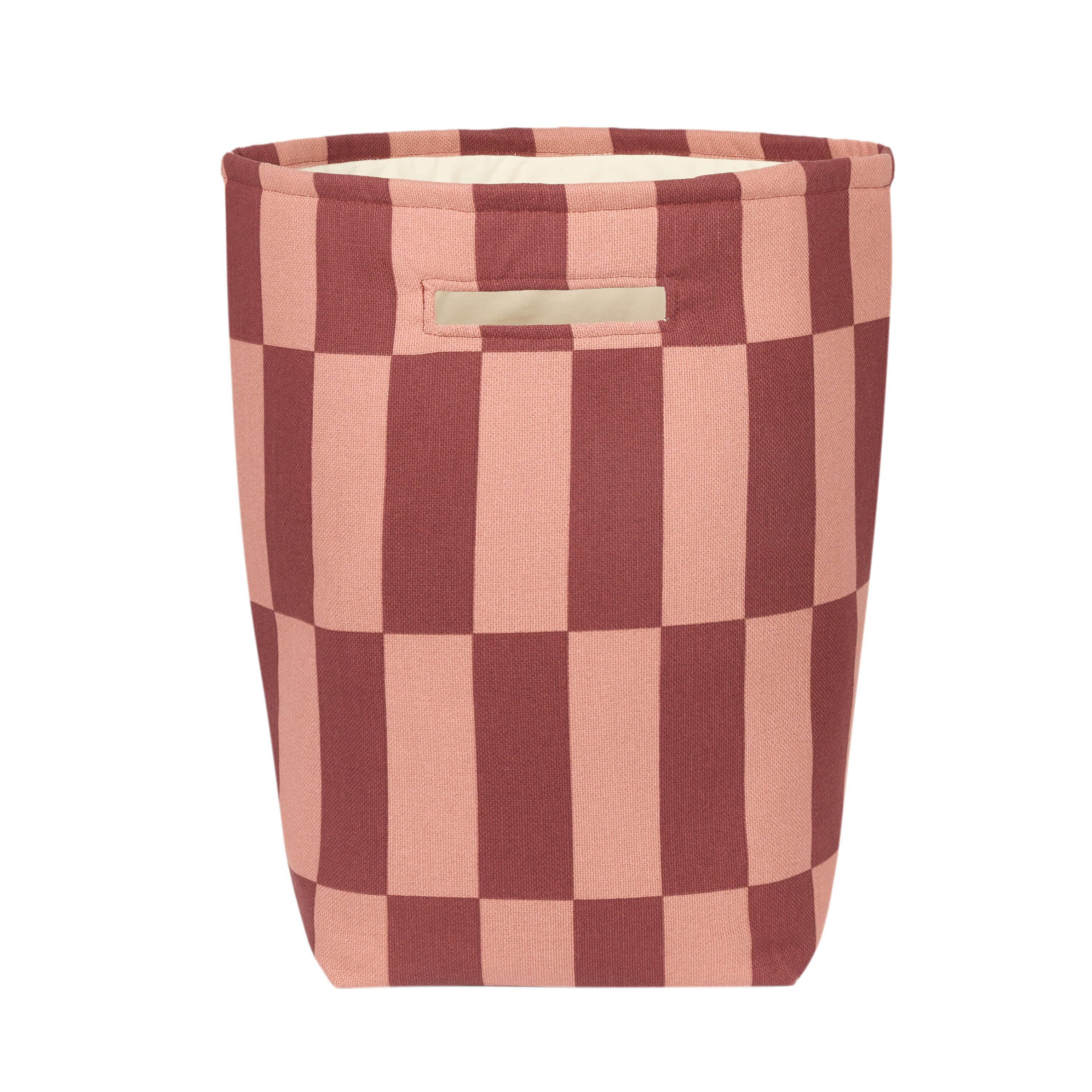 Nobodinoz large storage basket, cotton, maroon and pink checkered pattern