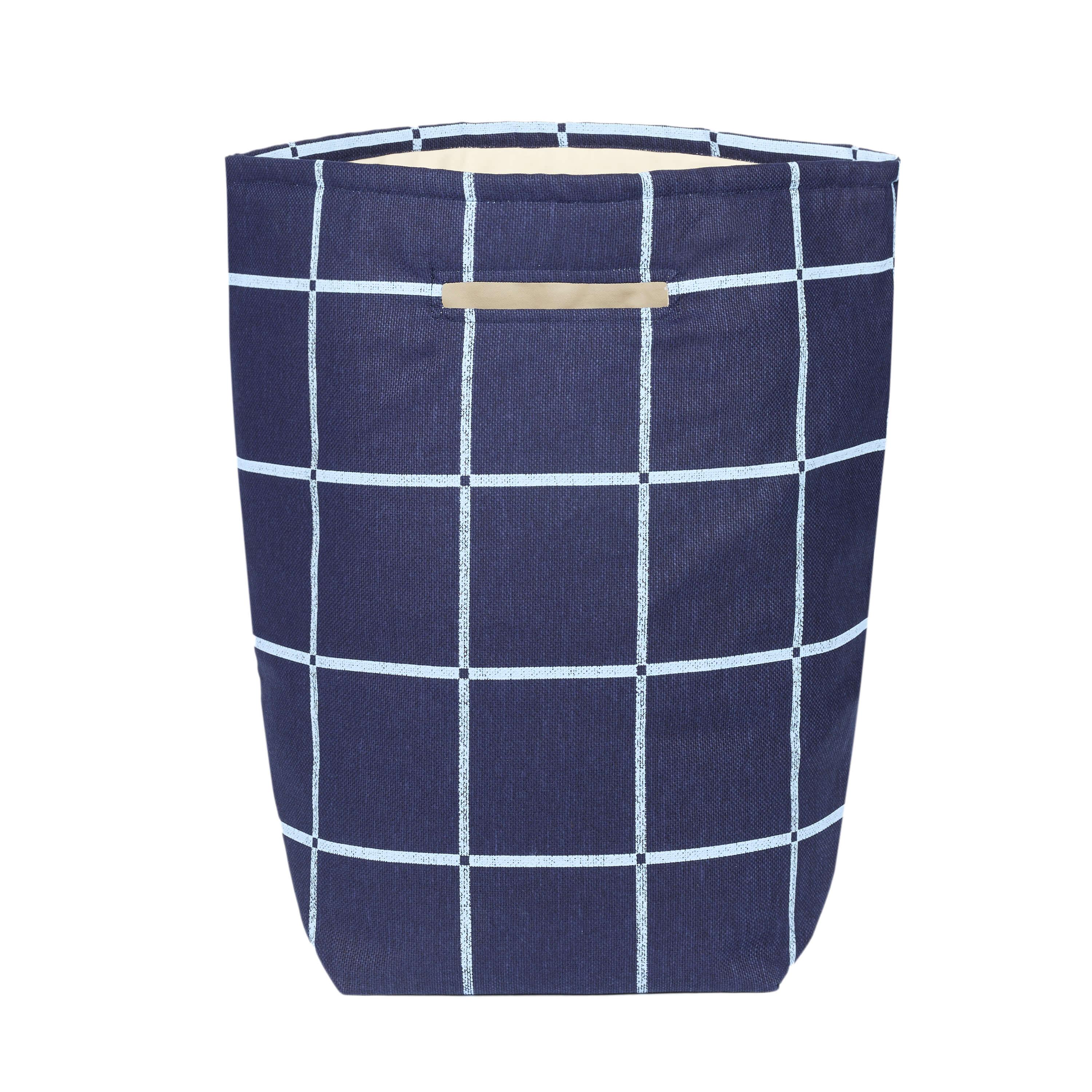 Nobodinoz large navy blue grid cotton storage basket with cream handle