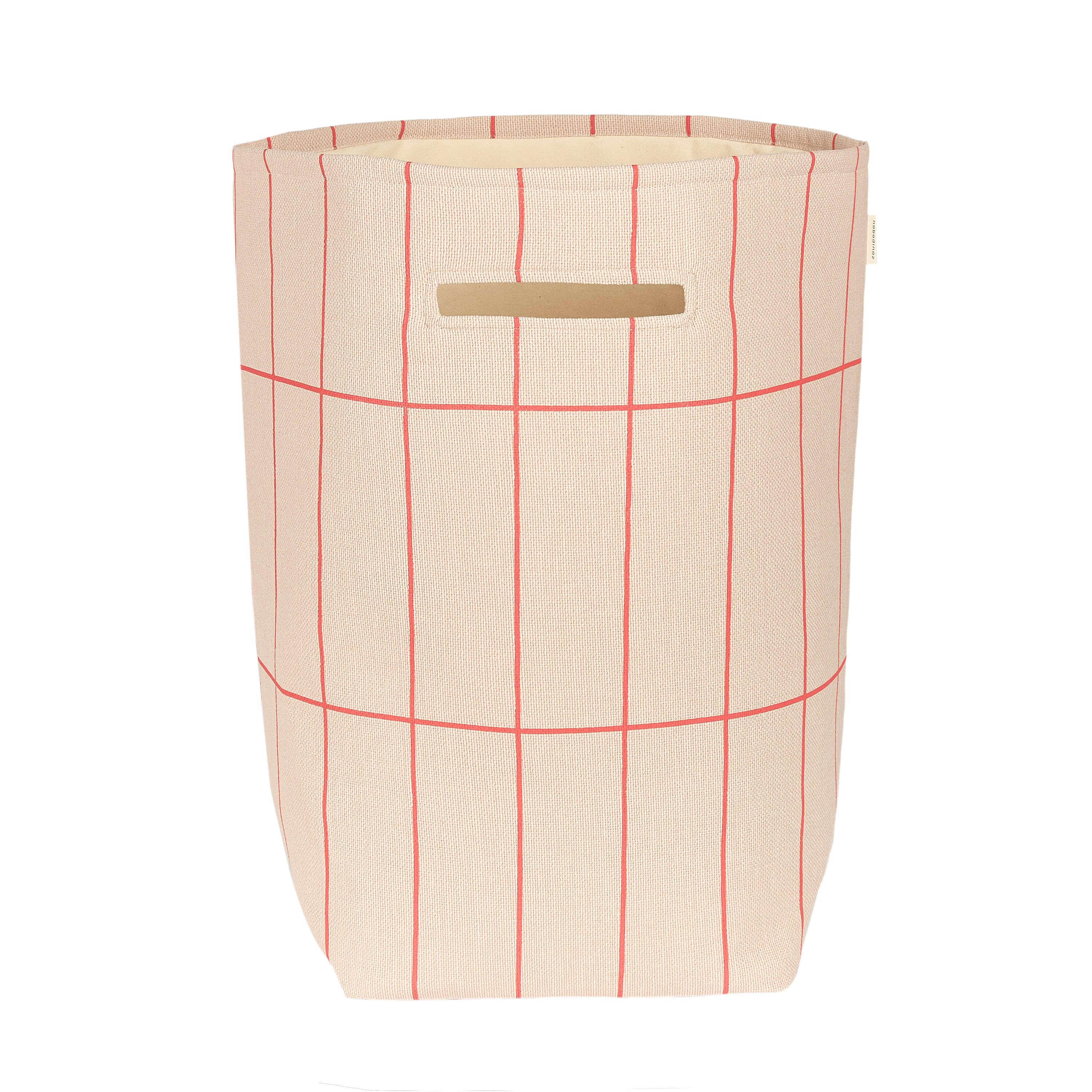 Nobodinoz large cotton storage basket, pink and red grid pattern, premium fabric