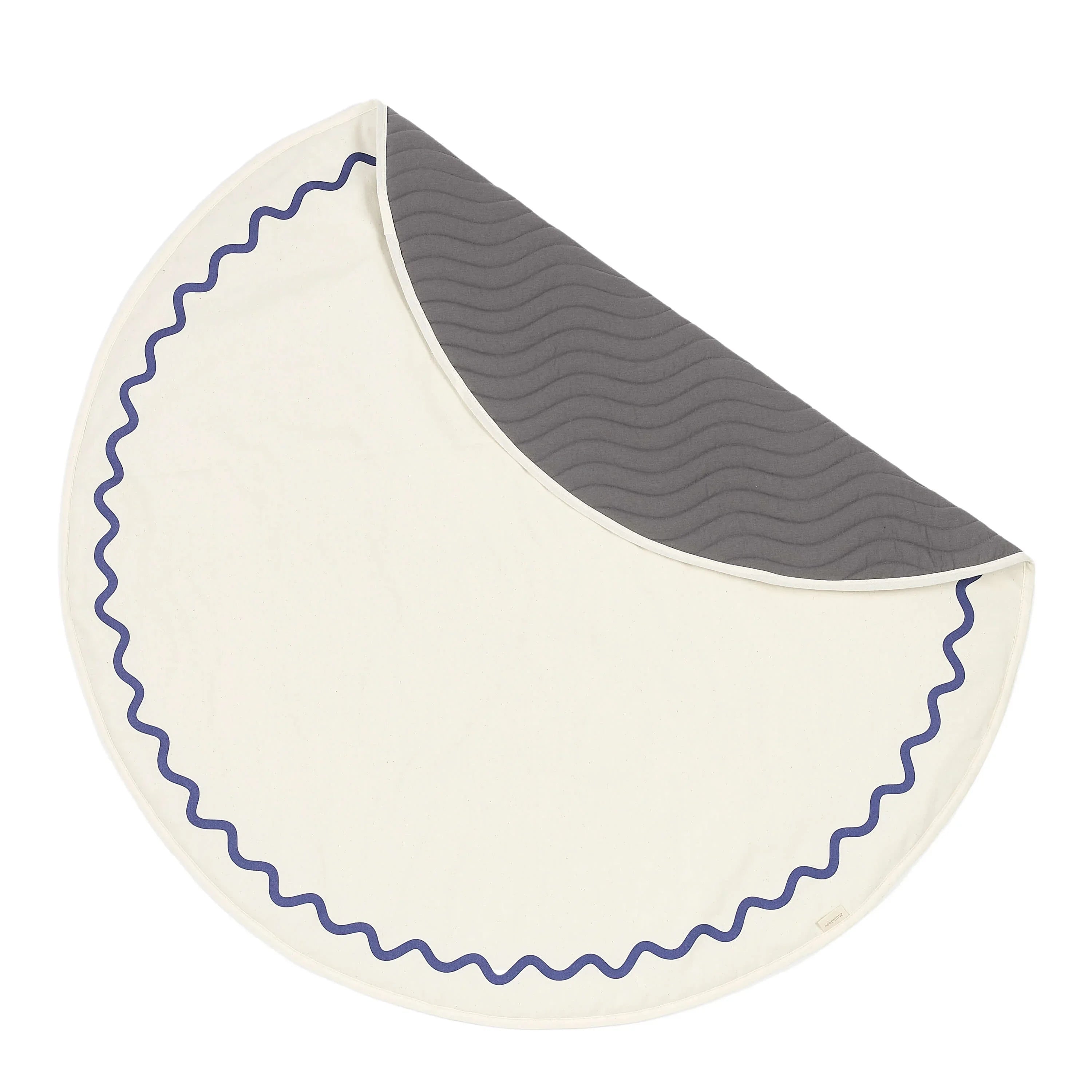 Nobodinoz Vibes playmat, round quilted cotton, cream and blue pattern, premium design