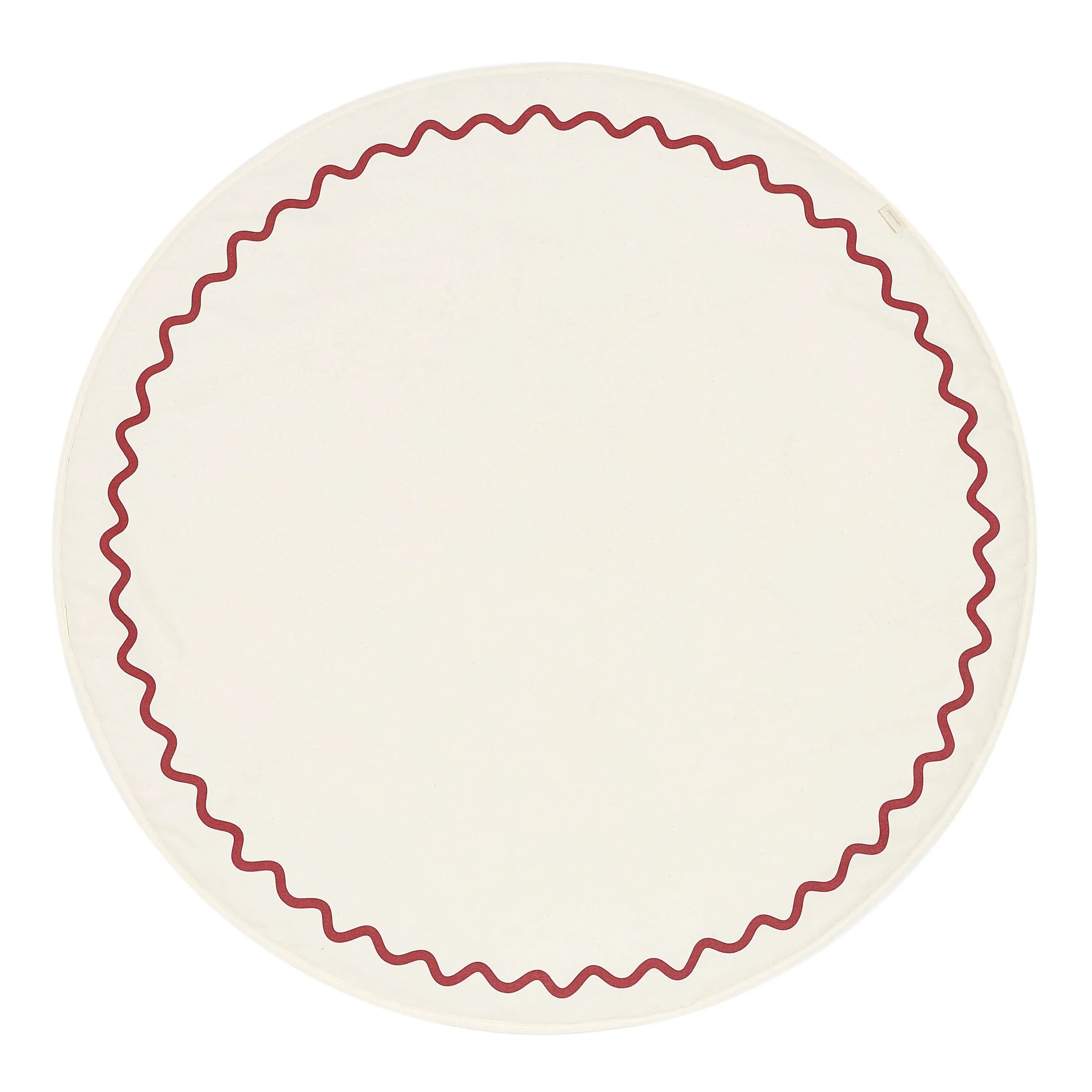 Nobodinoz round cotton playmat, carmine trim, minimalist cream design