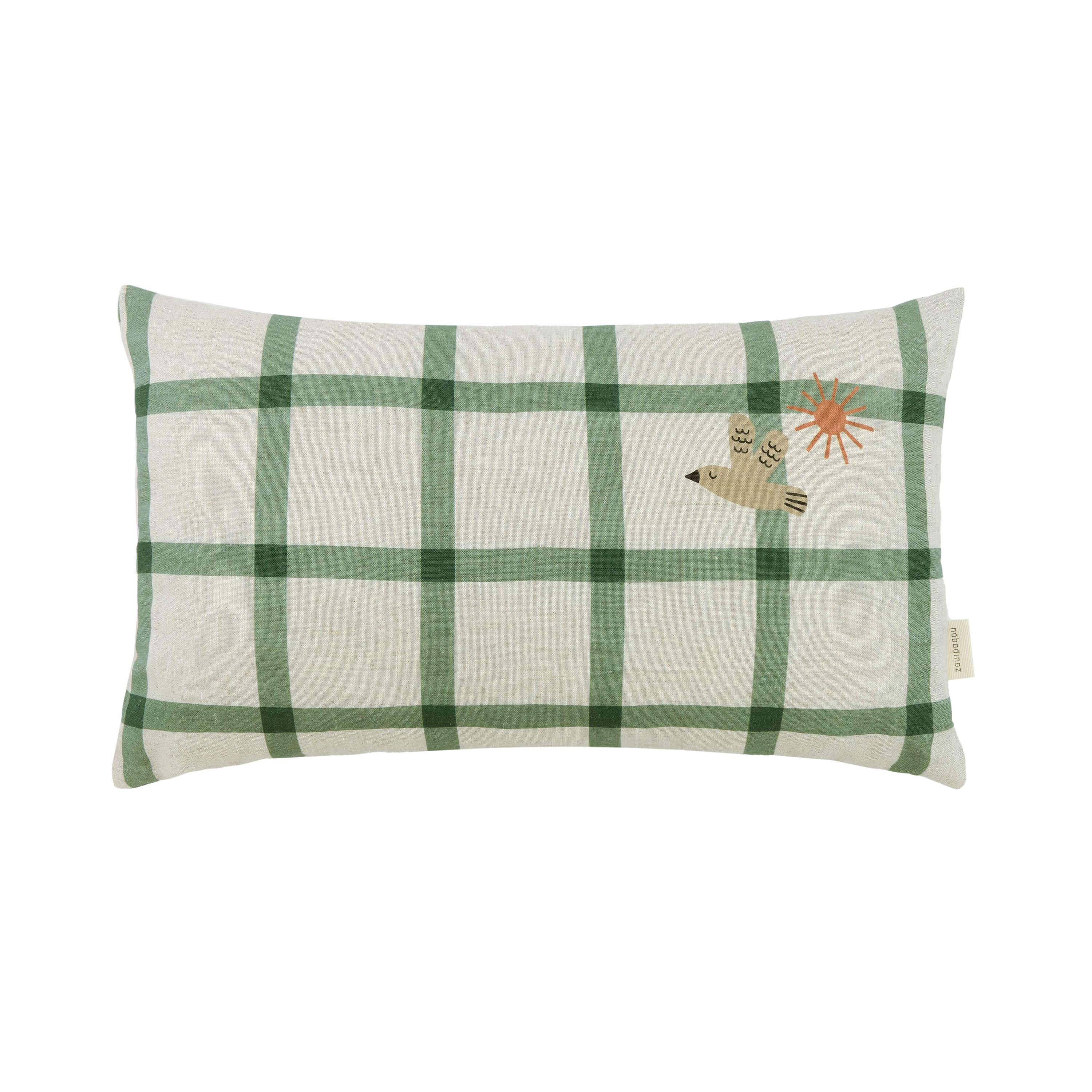 Nobodinoz rectangular linen cushion green windowpane pattern with bird embroidery