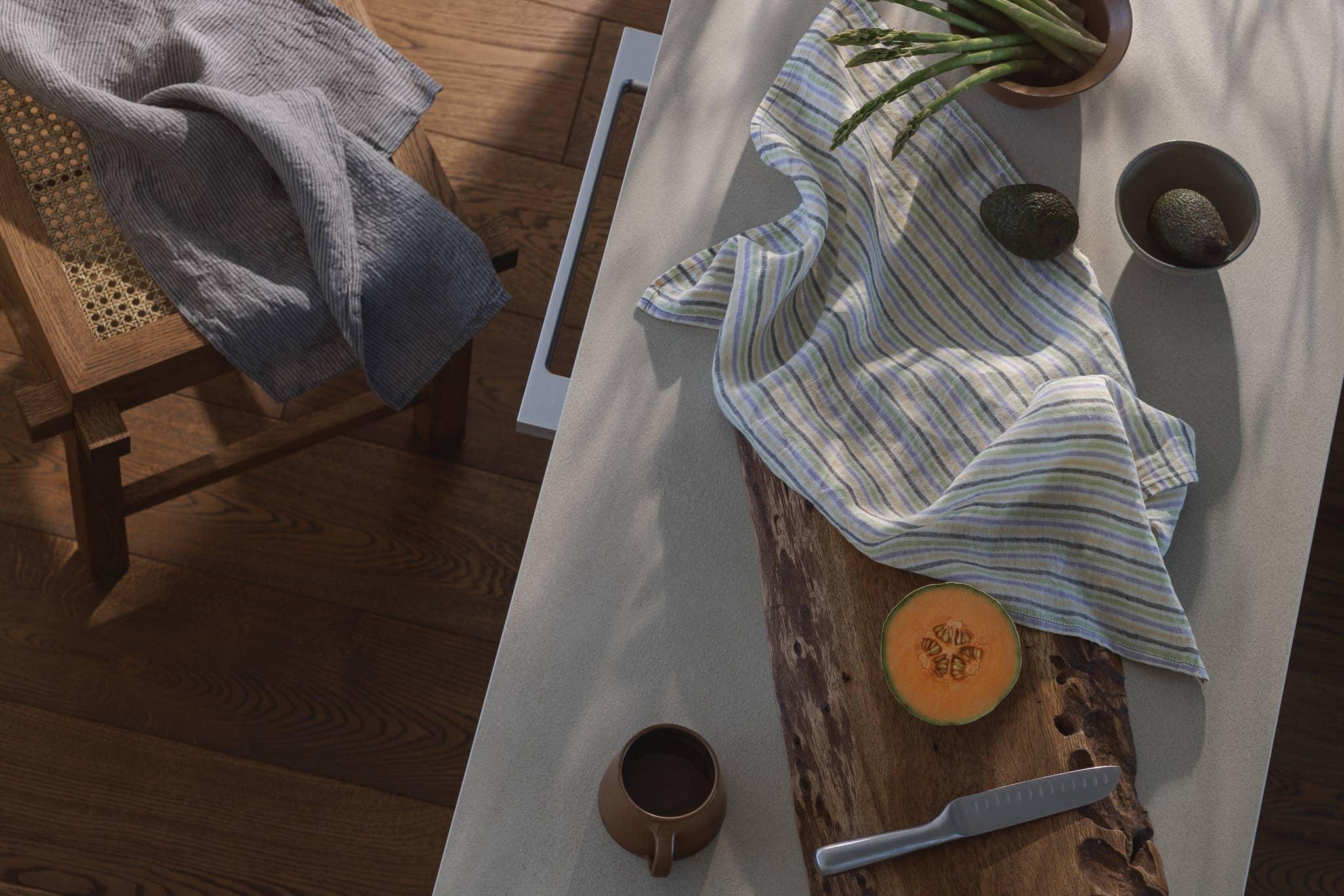 Linen Tea Towel / Lilac stripes La primavera by Dodesign