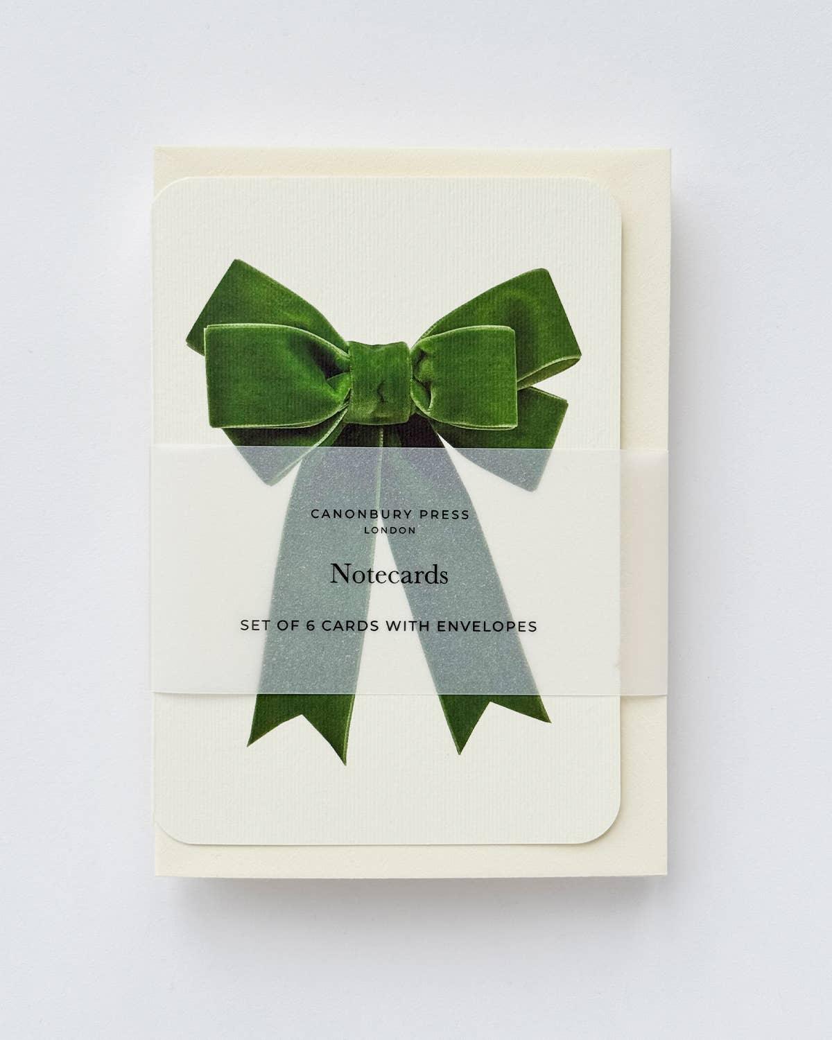 Canonbury Press notecards set with green velvet bow design, premium white cardstock.