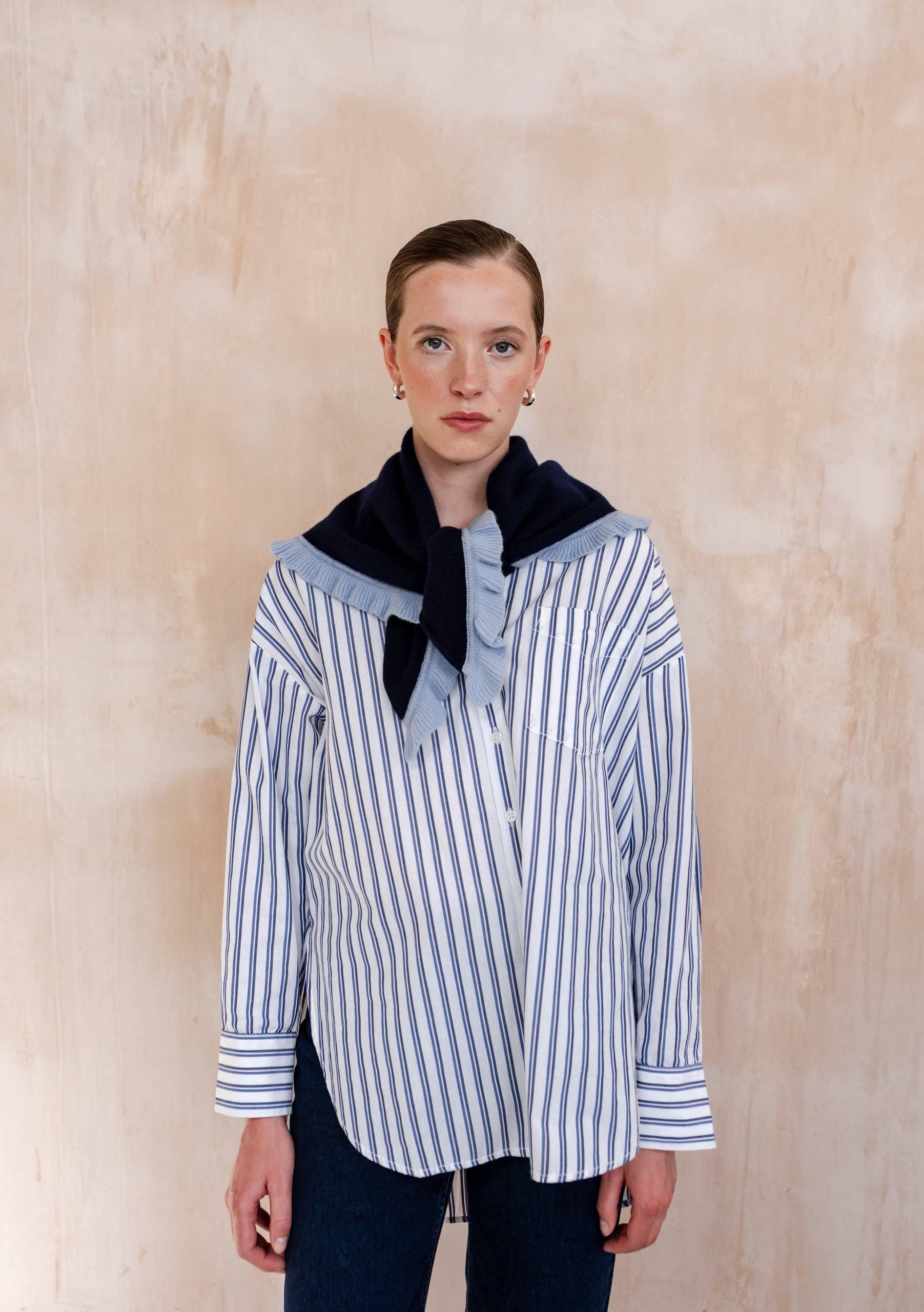 Merino Wool Triangle Scarf in Navy Ruffle - TBCo