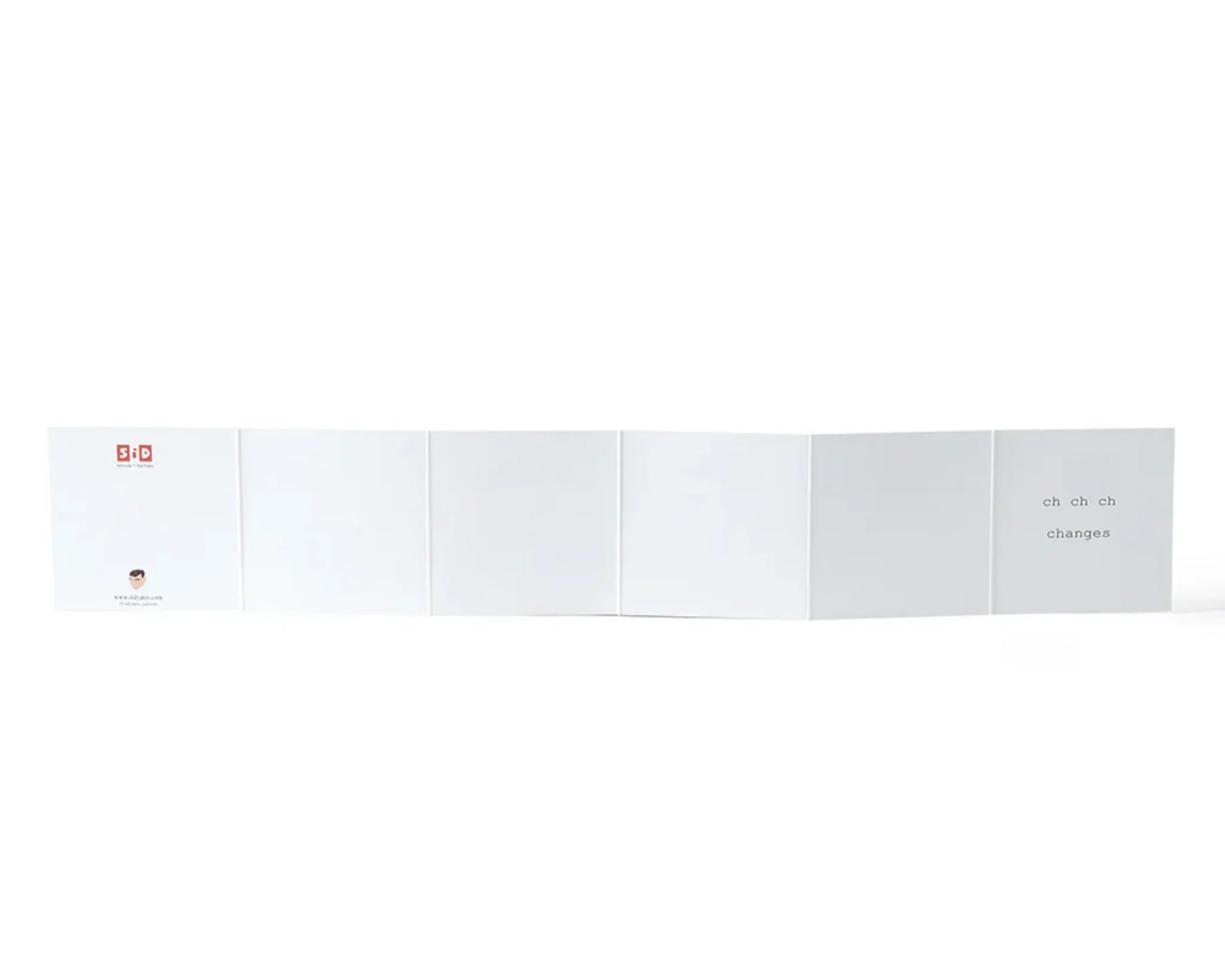 Sukie accordion card premium white paper minimalist design with 'ch ch ch changes' text