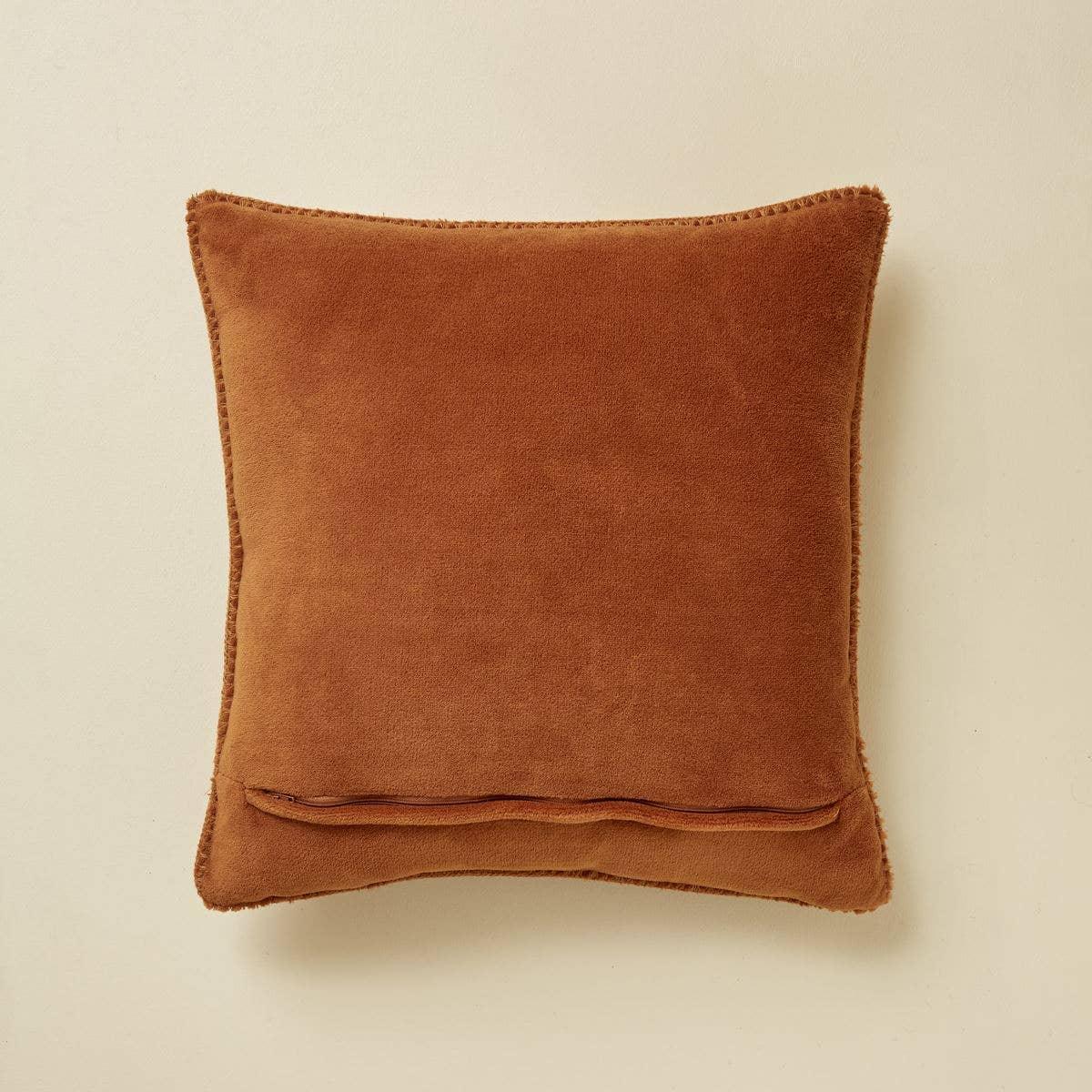 Casa Amarosa brown velvet square cushion with stitched edges on cream background