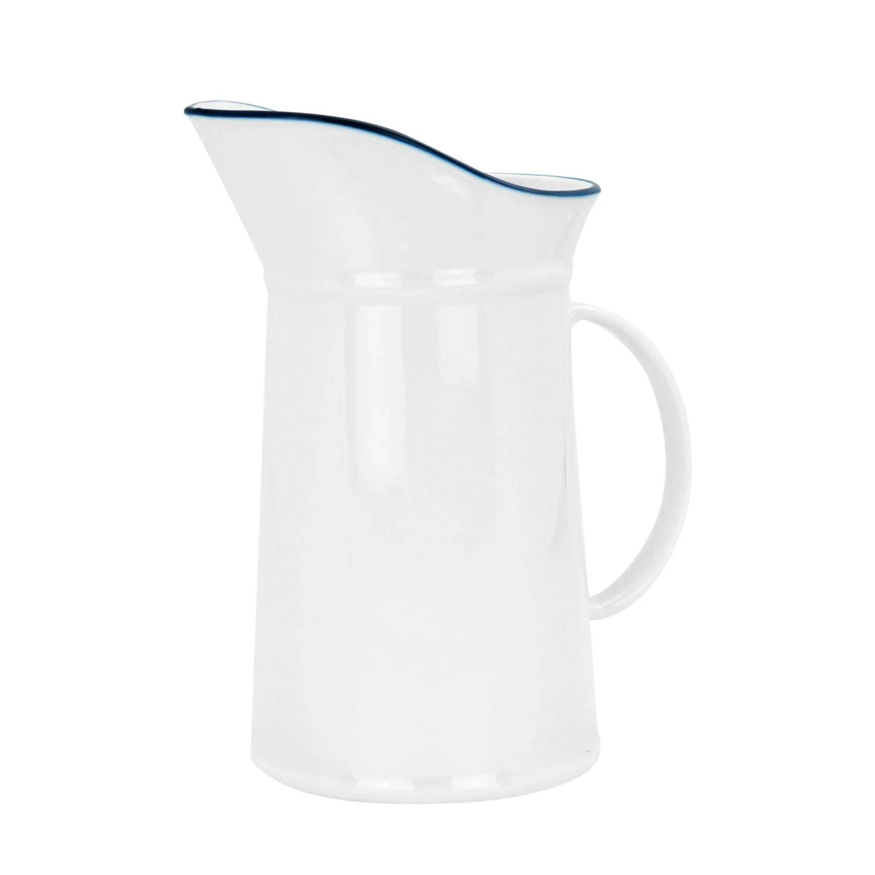 Crow Canyon Home enamelware white pitcher with blue rim, premium metal jug design