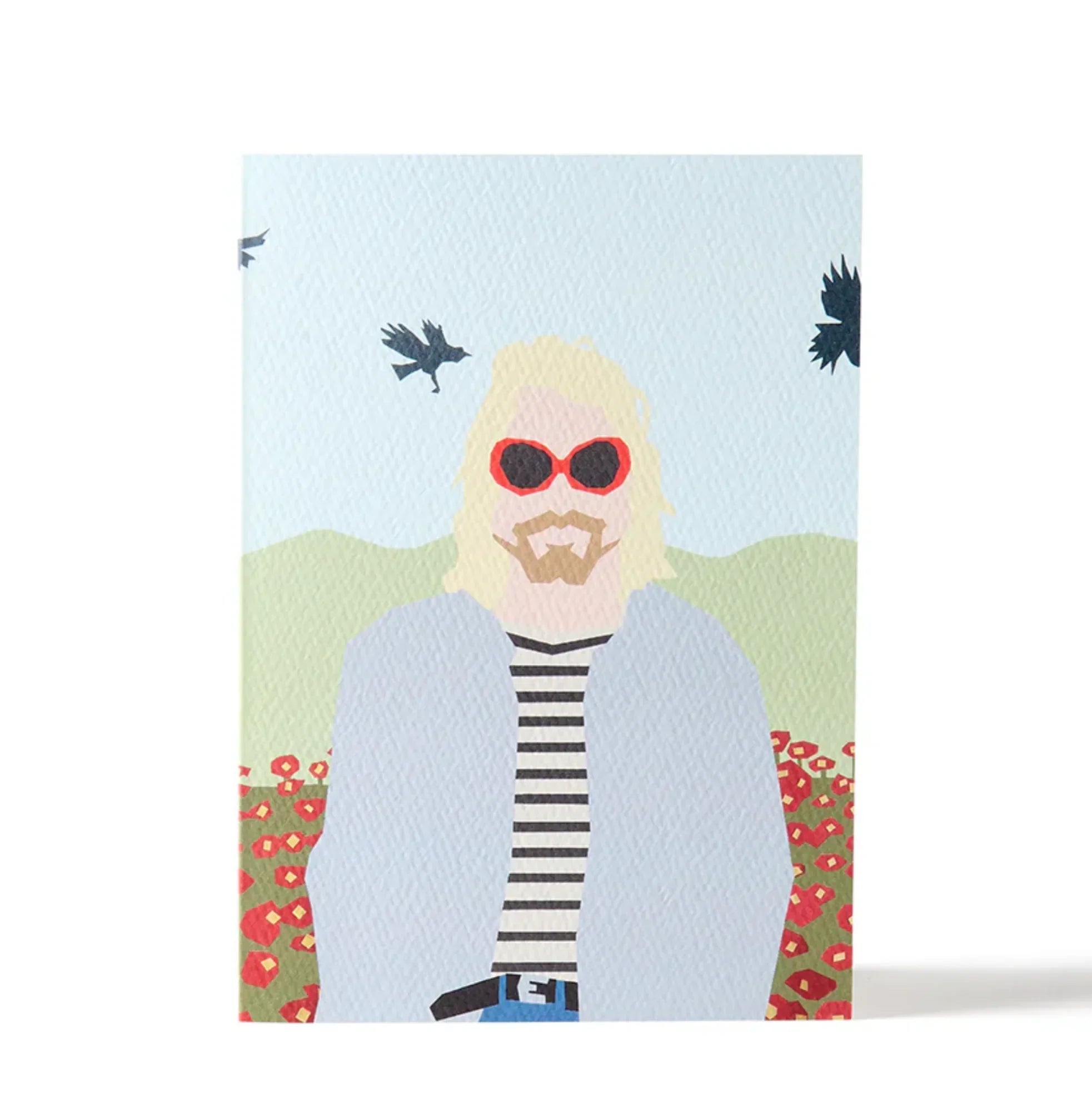 Nineteen Seventy Three illustrated card, textured paper, pop art style, man in striped shirt, red sunglasses, pastel colors, floral background