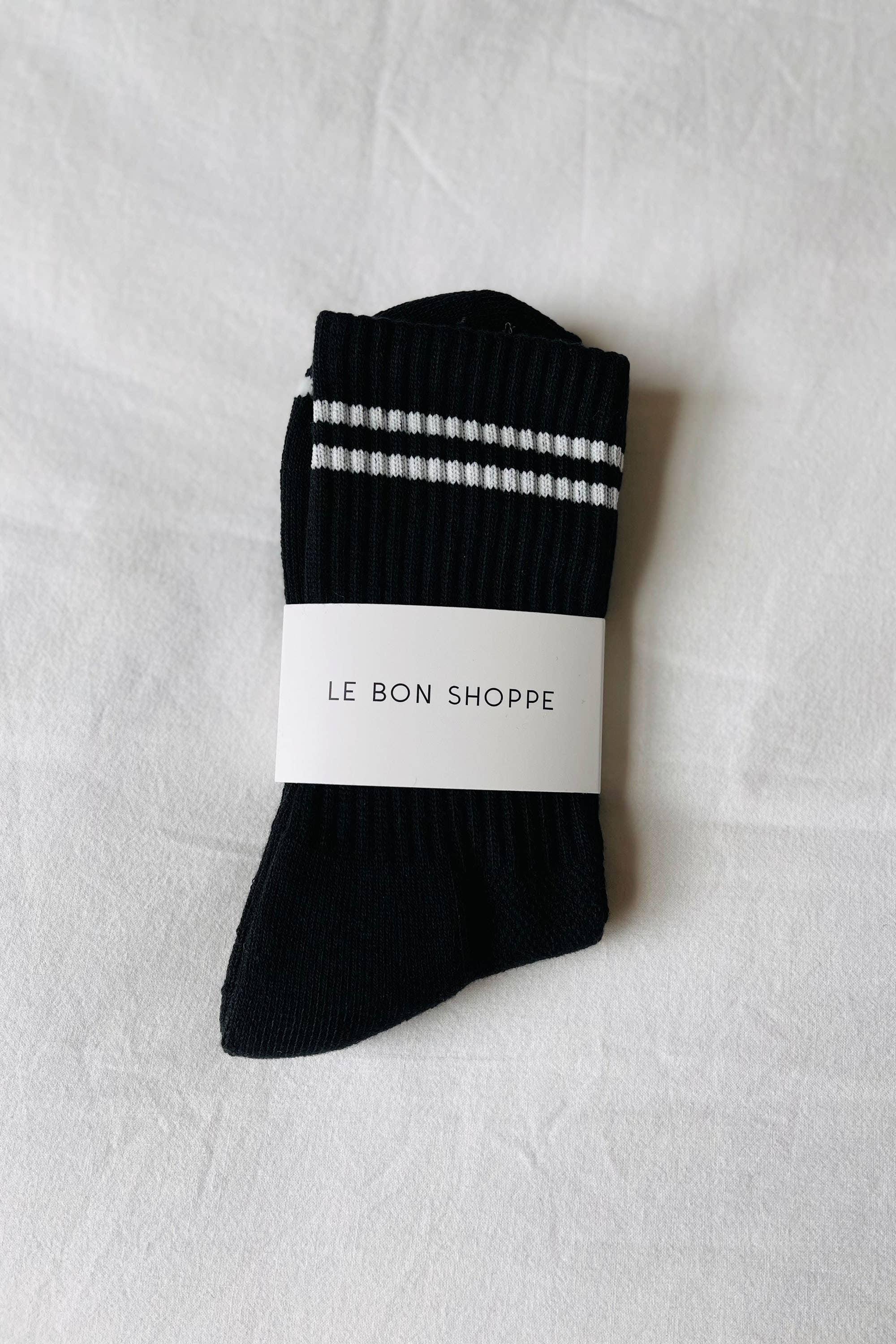 Le Bon Shoppe black ribbed cotton socks with white stripes on white background