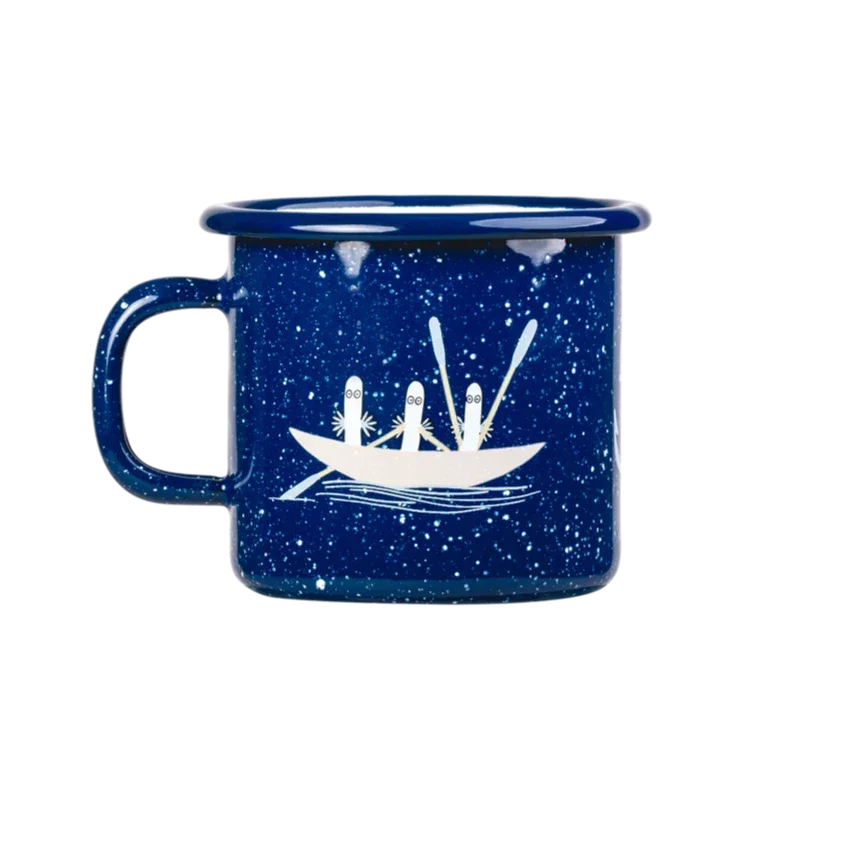 Moomin blue enamel mug with white rowing boat illustration, speckled finish