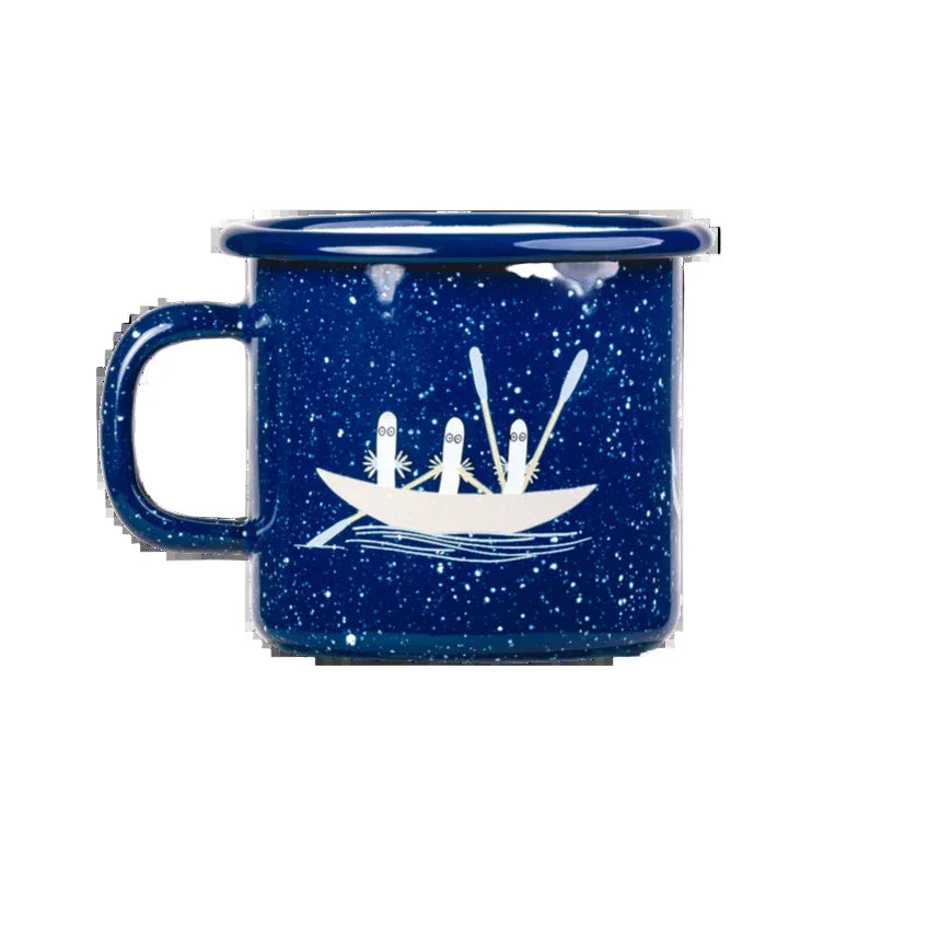 Nordicbuddies enamel mug, blue speckled, with white boat and characters illustration