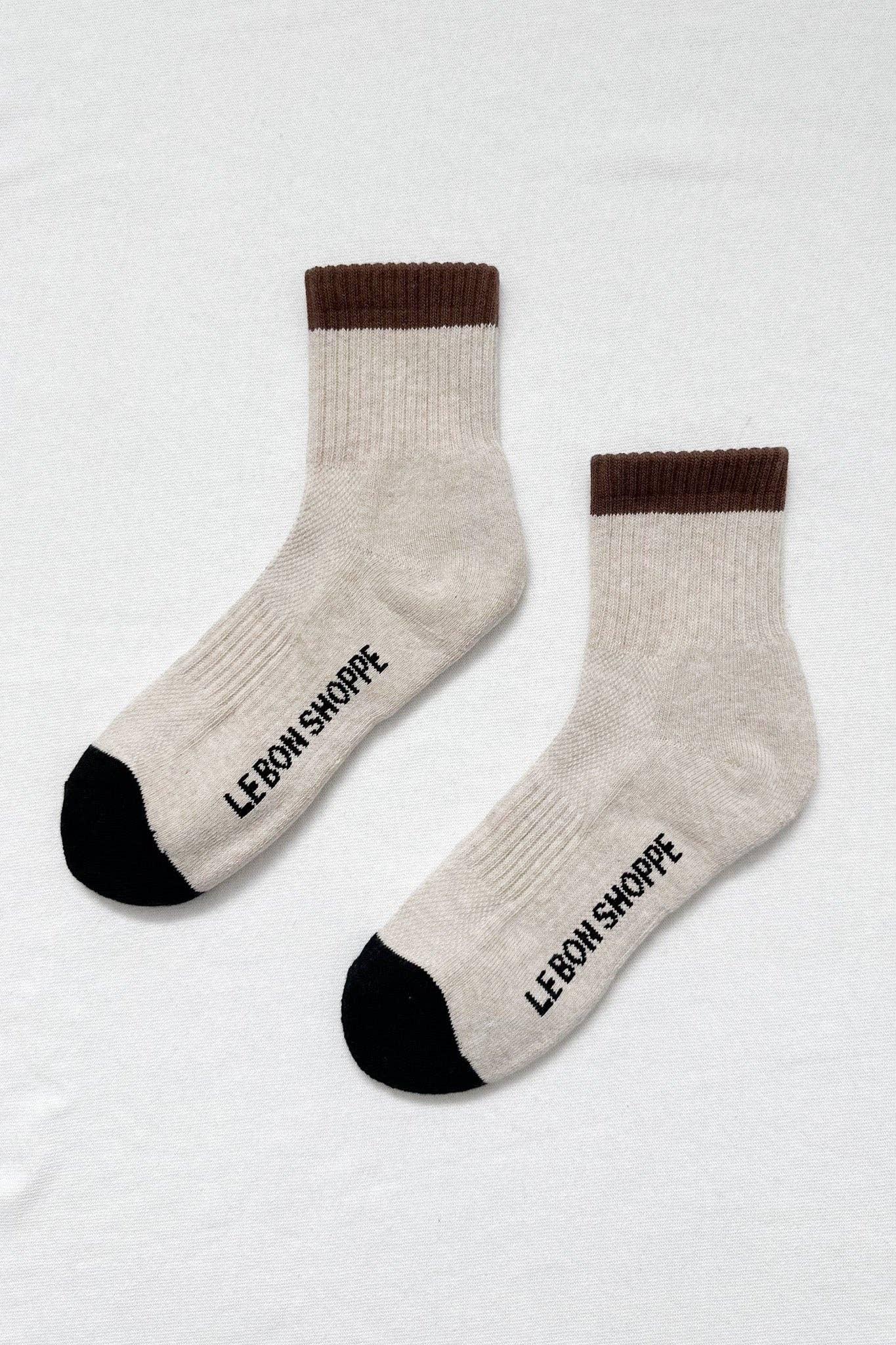 LE BON SHOPPE wool blend crew socks, beige with brown cuff and black toe accents.