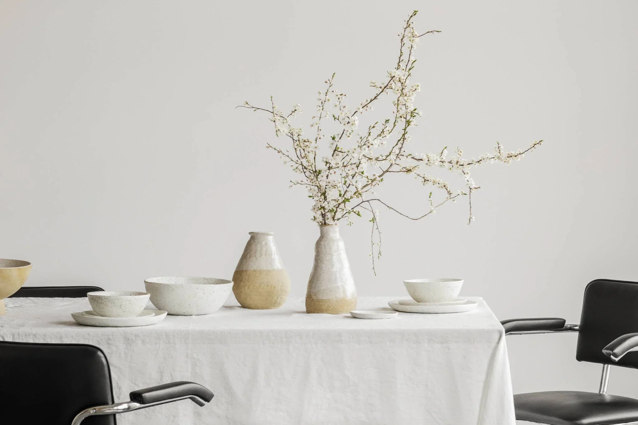 Fable ceramic tableware and vases, white and beige stoneware, minimalist dining setup