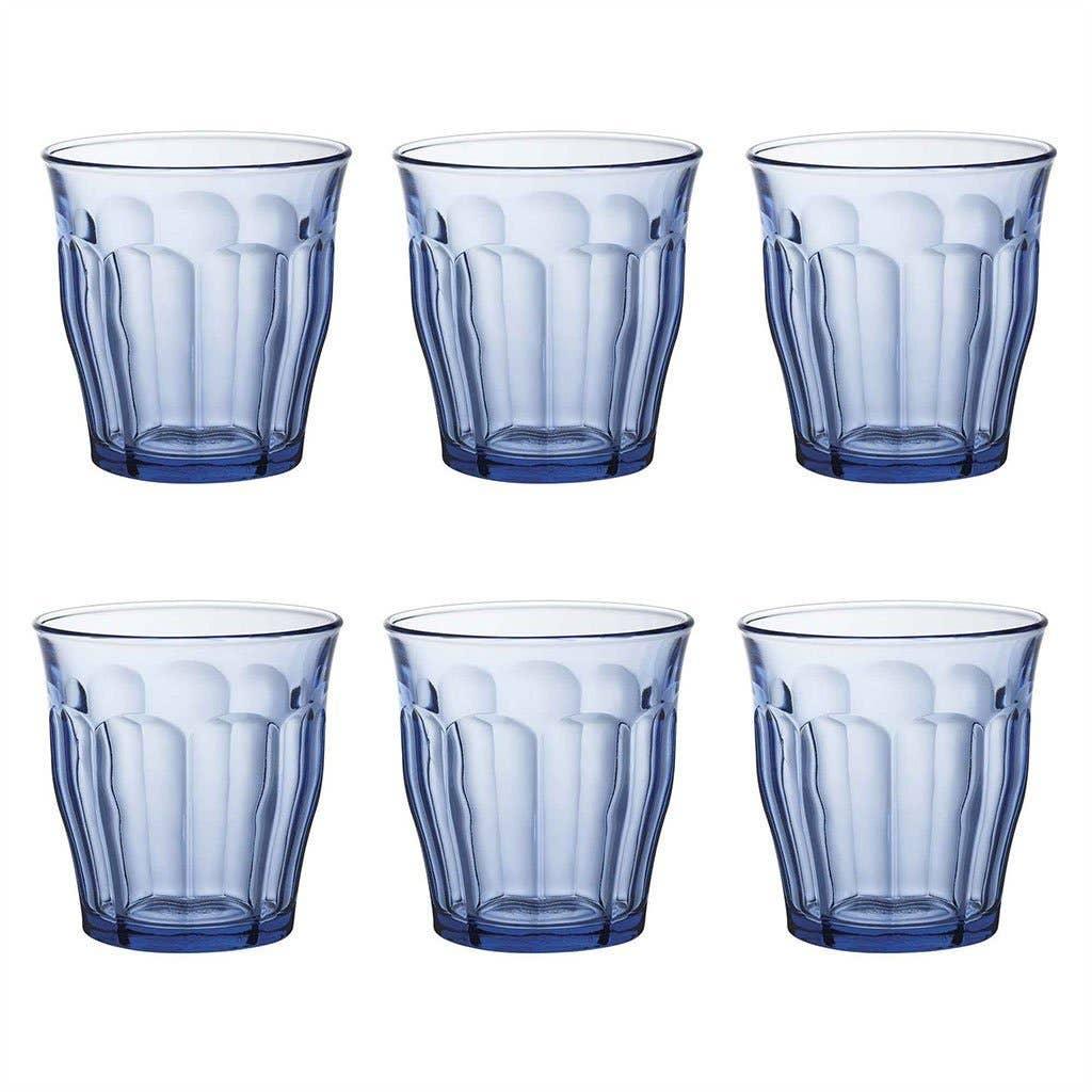 Duralex blue glass tumblers set of six, premium textured pressed glass drinkware