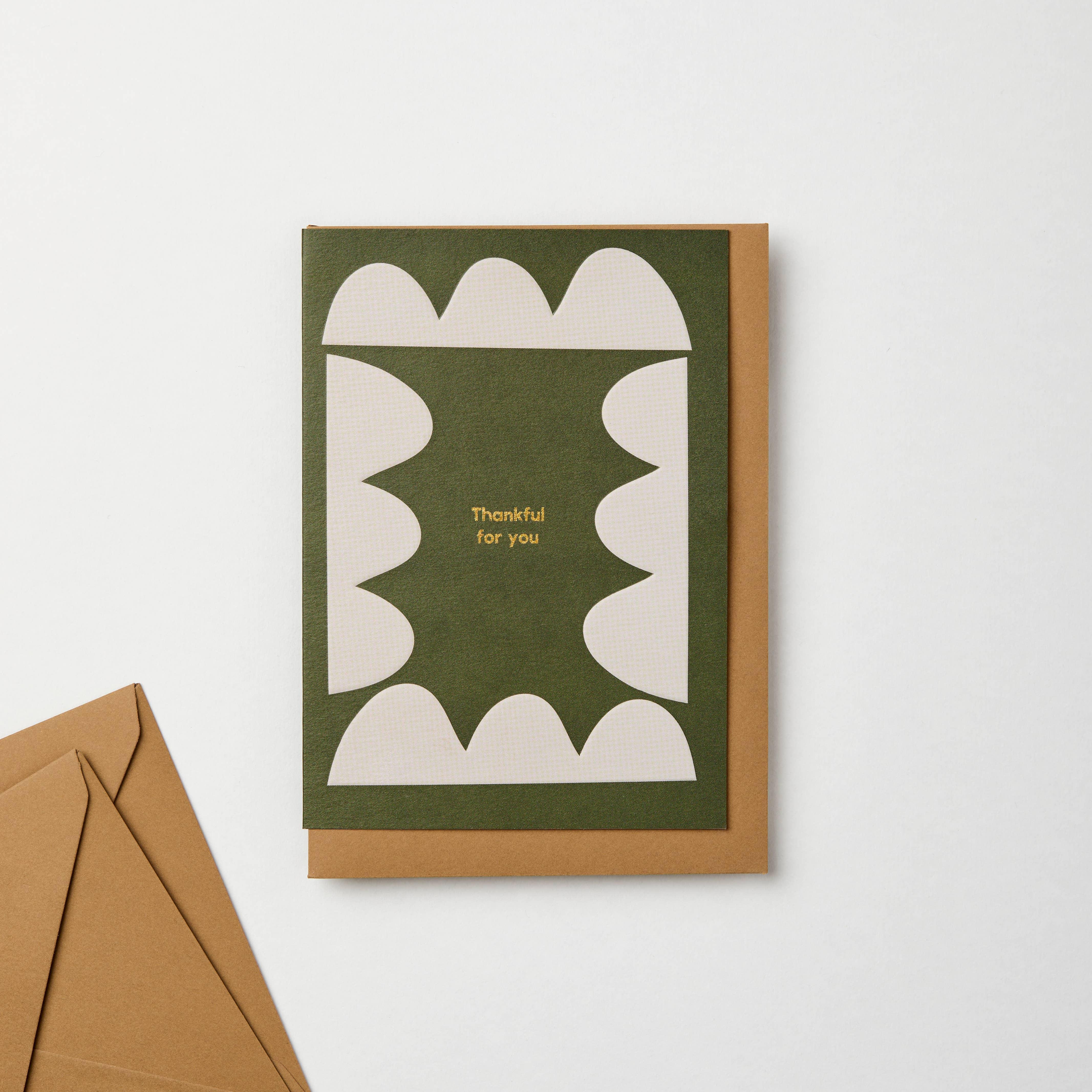 Moglea thank you card, premium paper, green and cream design, brown envelope