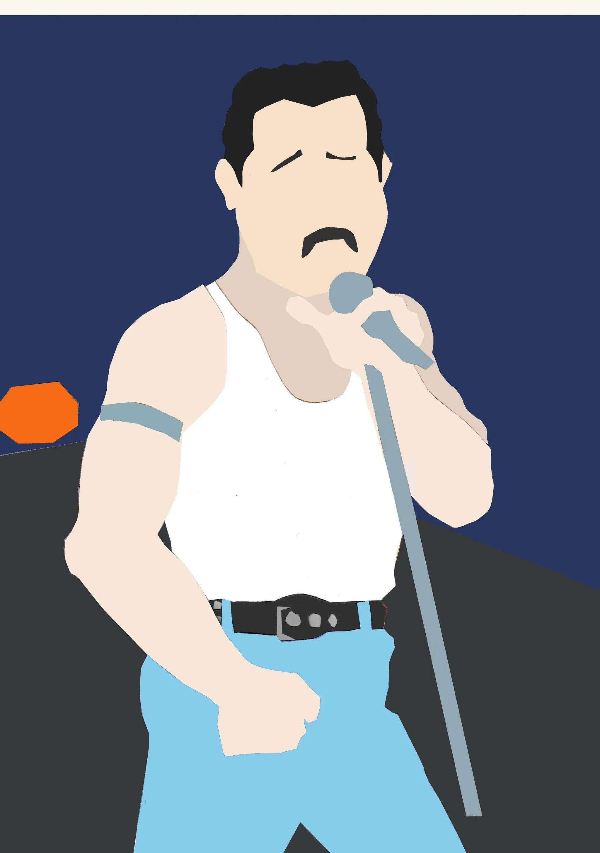 Minimalist artwork of a singer in a white tank top and light blue jeans holding a microphone.