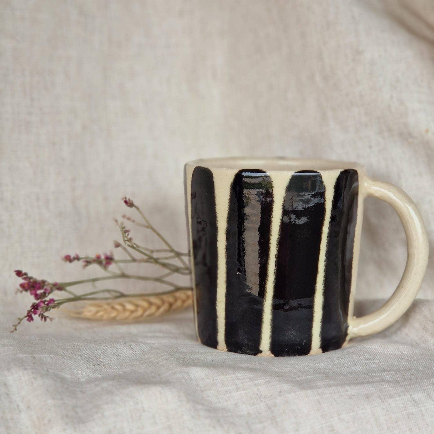 Chabi Chic ceramic mug, black and cream hand-painted stripes, premium handmade pottery