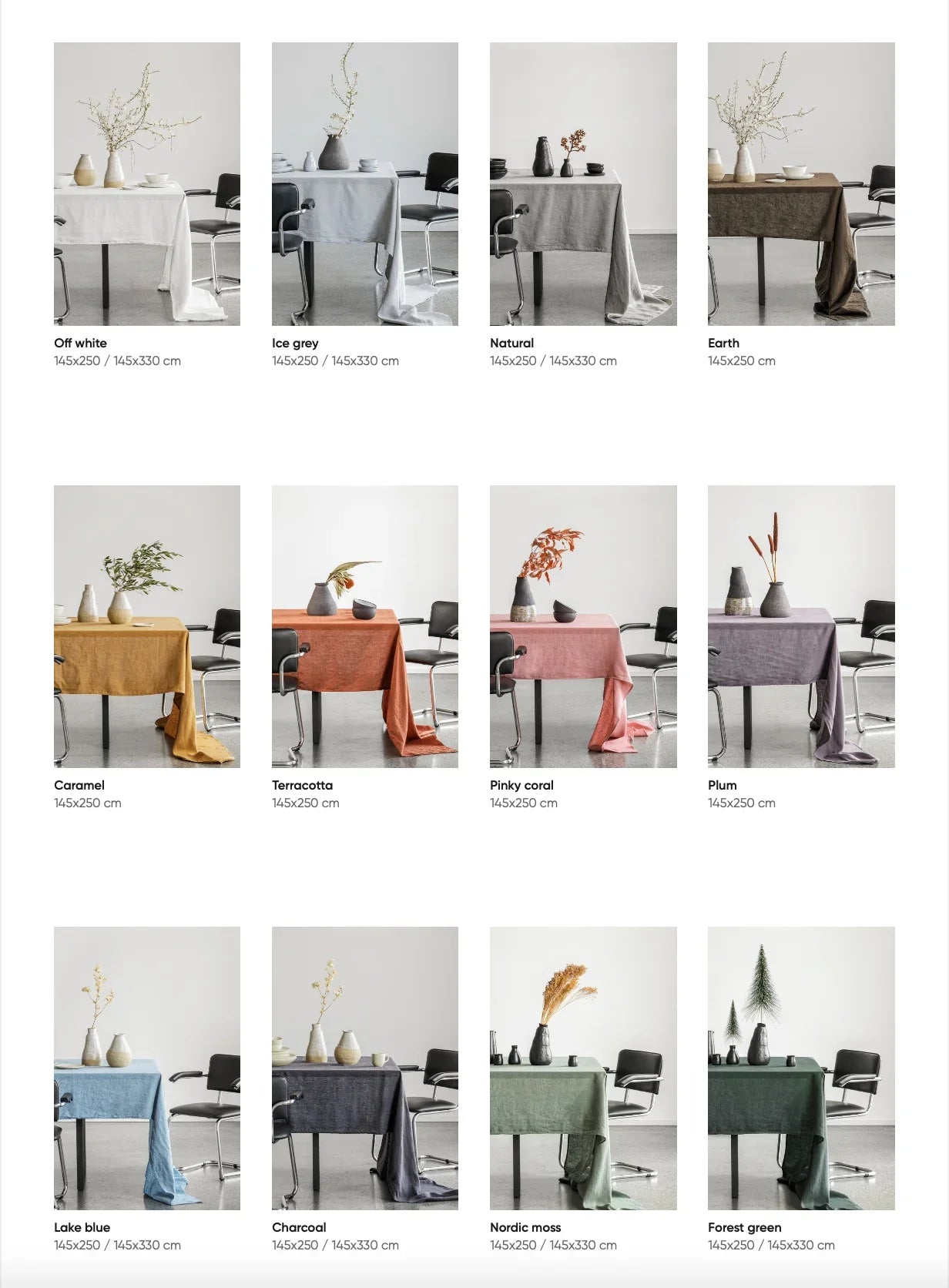 Linen Tales premium linen tablecloths in eleven colours, styled on tables with ceramic decor.