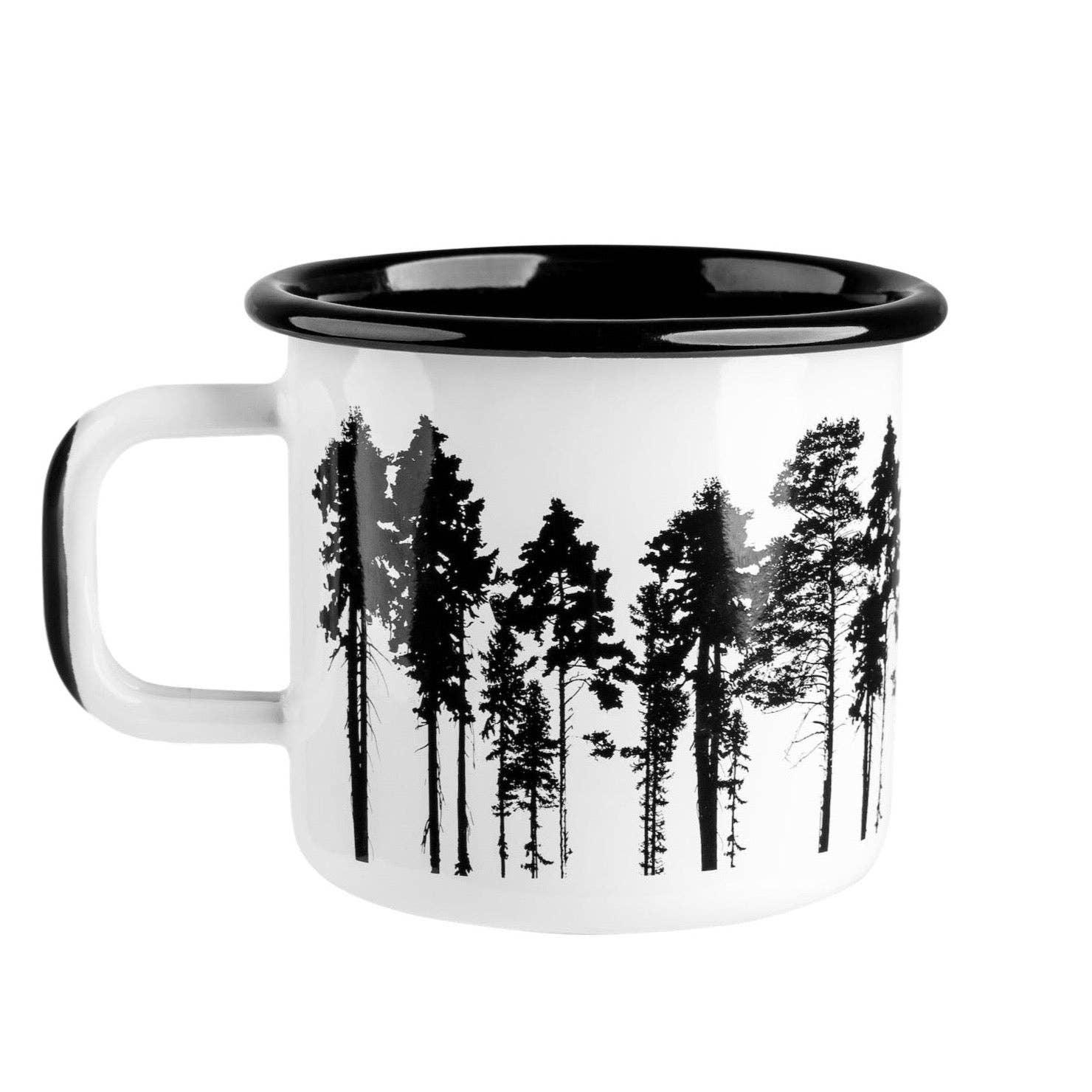 Milu enamel mug, white and black, with forest tree silhouette design.