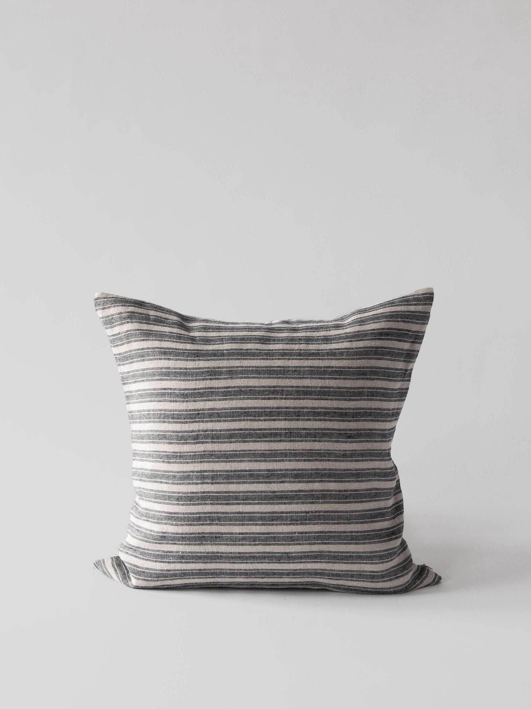 Cultiver linen striped cushion cover in grey and white on minimalist background