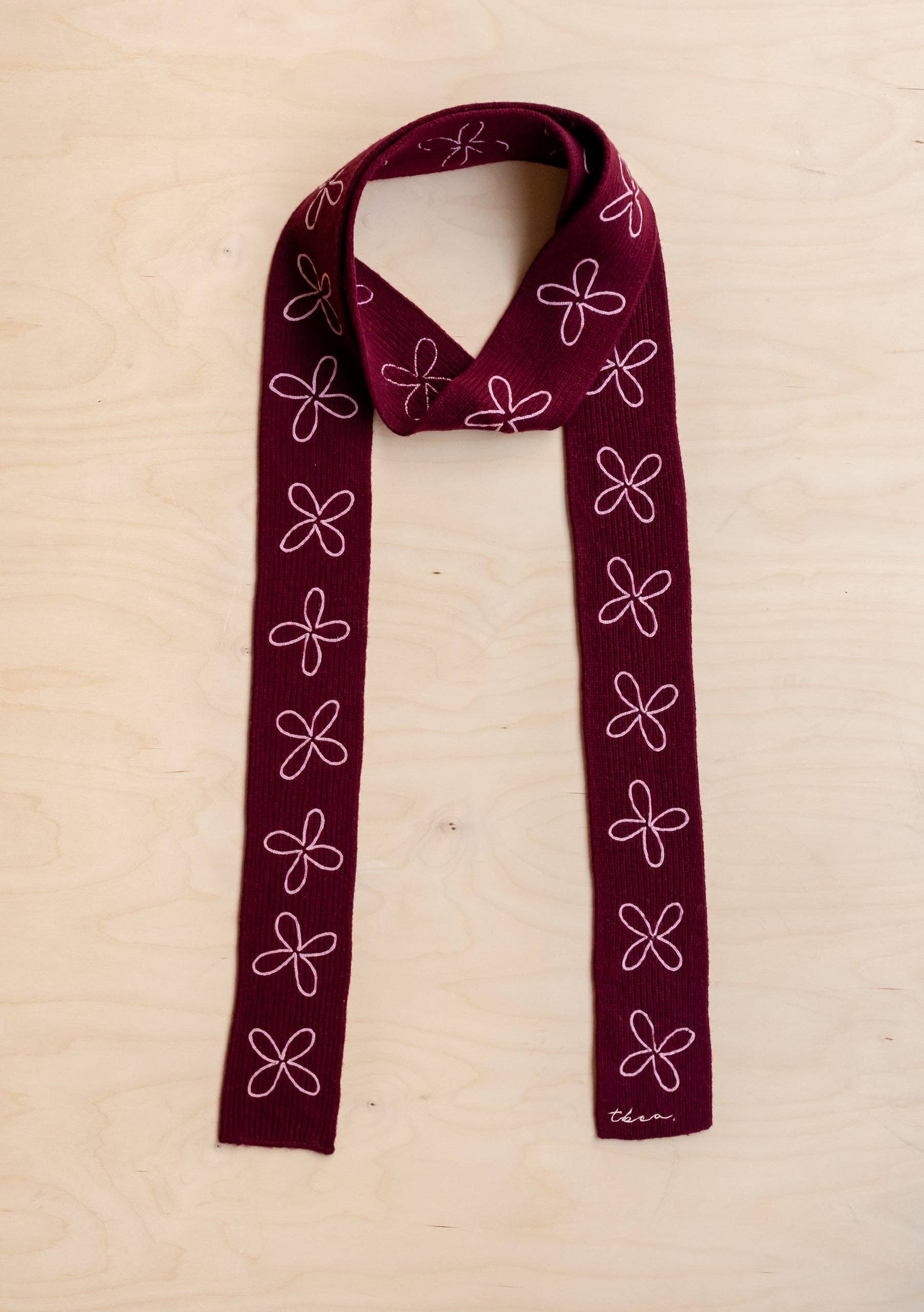Merino Wool Skinny Scarf in Burgundy Flora - TBCo
