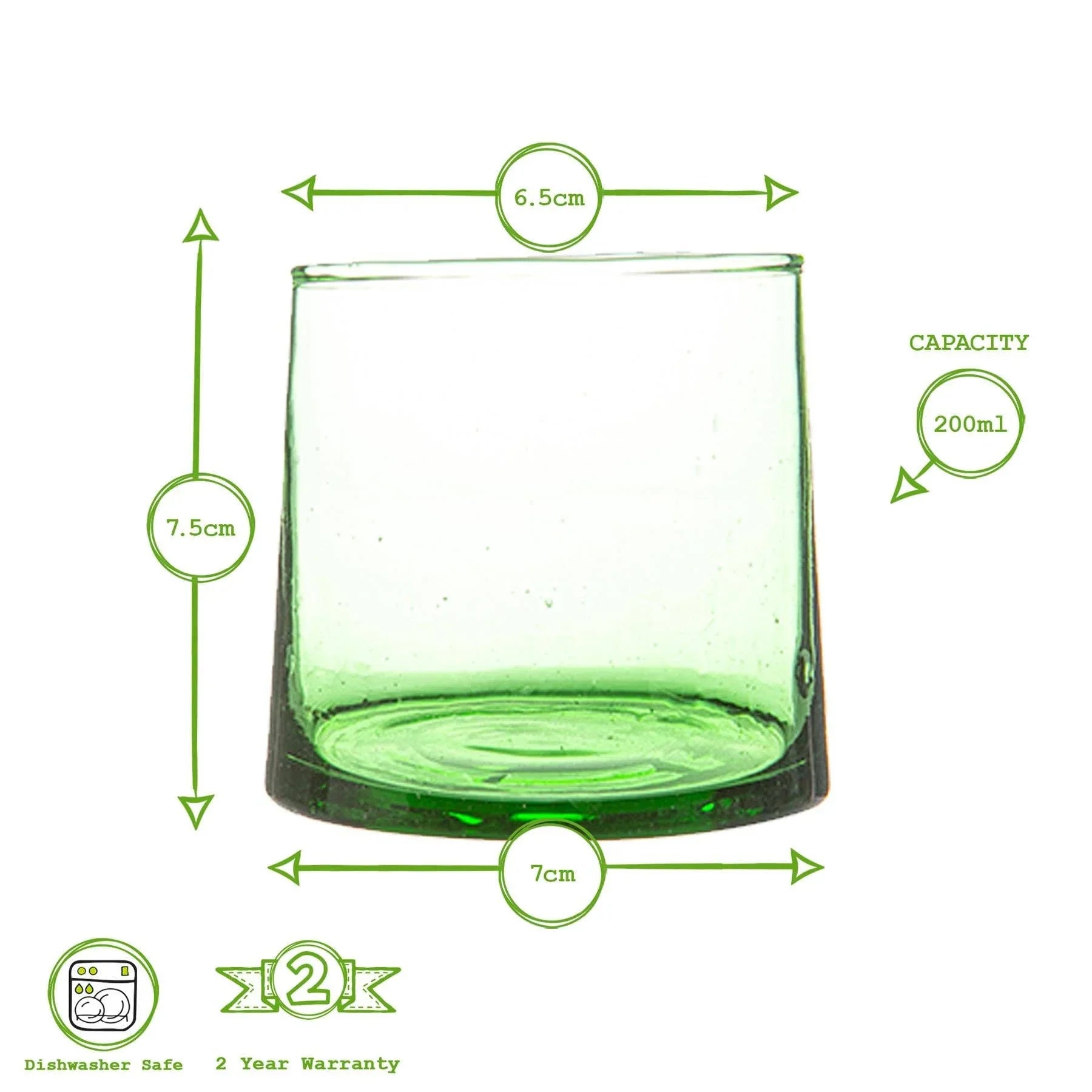 Goma green glass tumbler, recycled glass, 200ml, 7.5cm tall, dishwasher safe