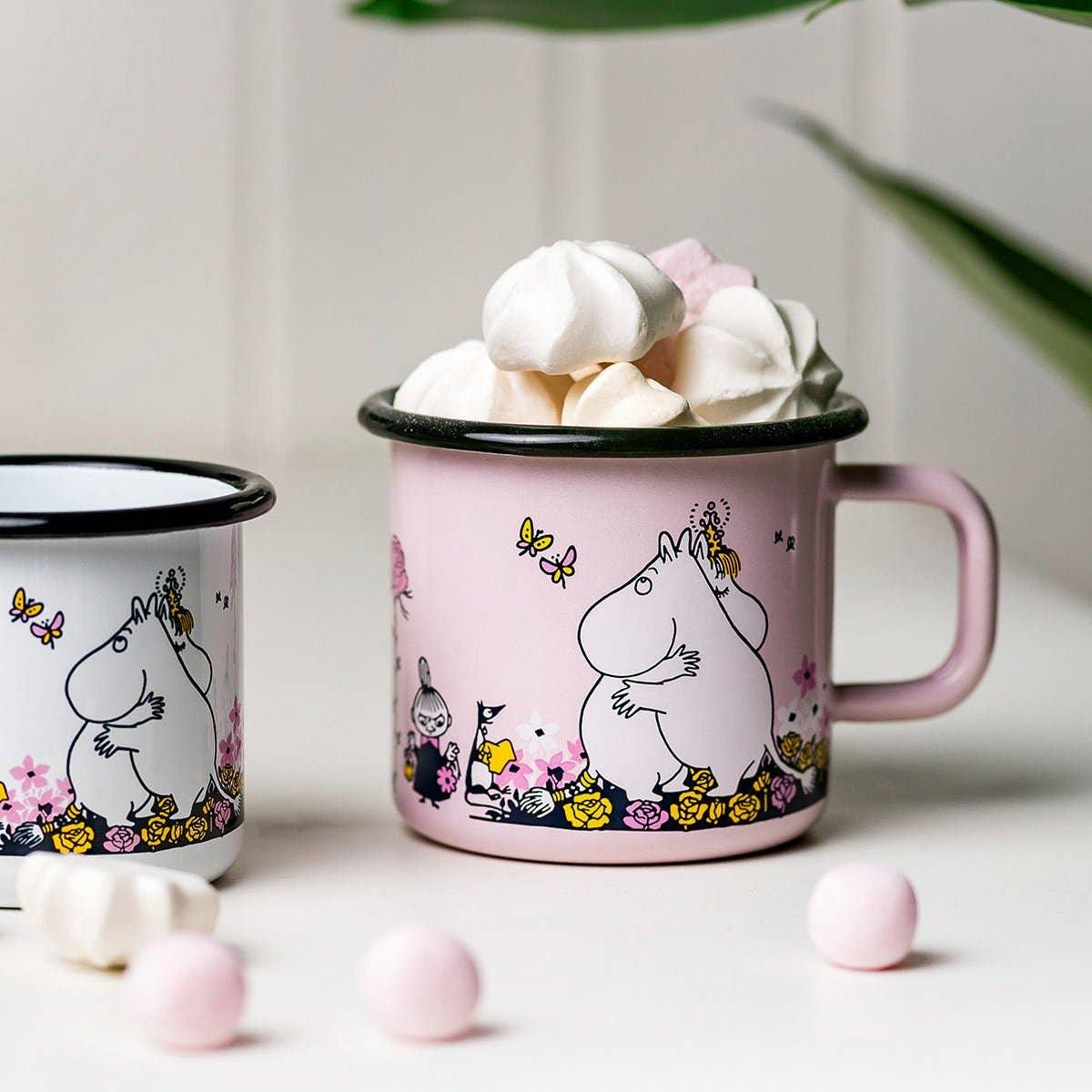 Muurla Moomin enamel mug, pink, with cartoon Moomin characters and floral print
