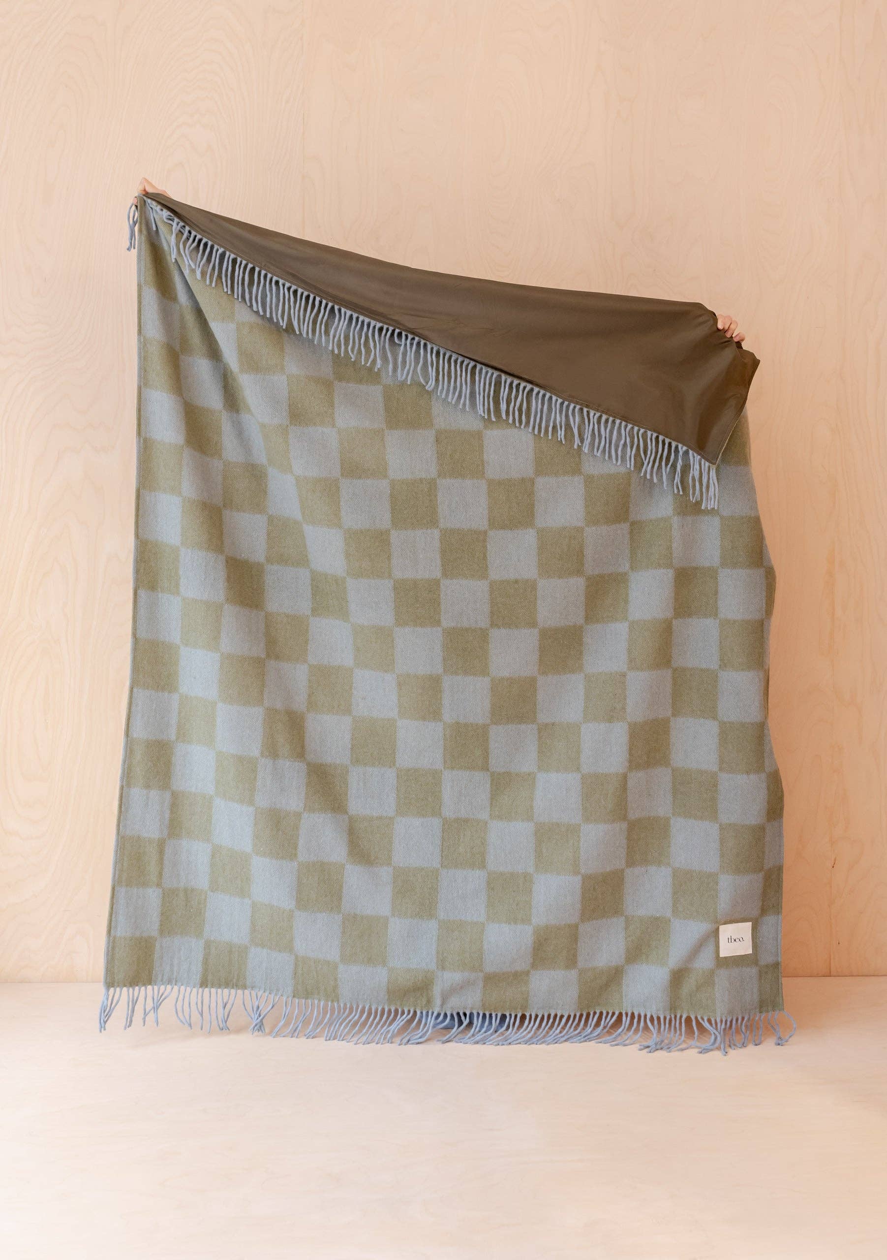 Recycled Wool Picnic Blanket in Green & Blue Checkerboard: Navy Leather
