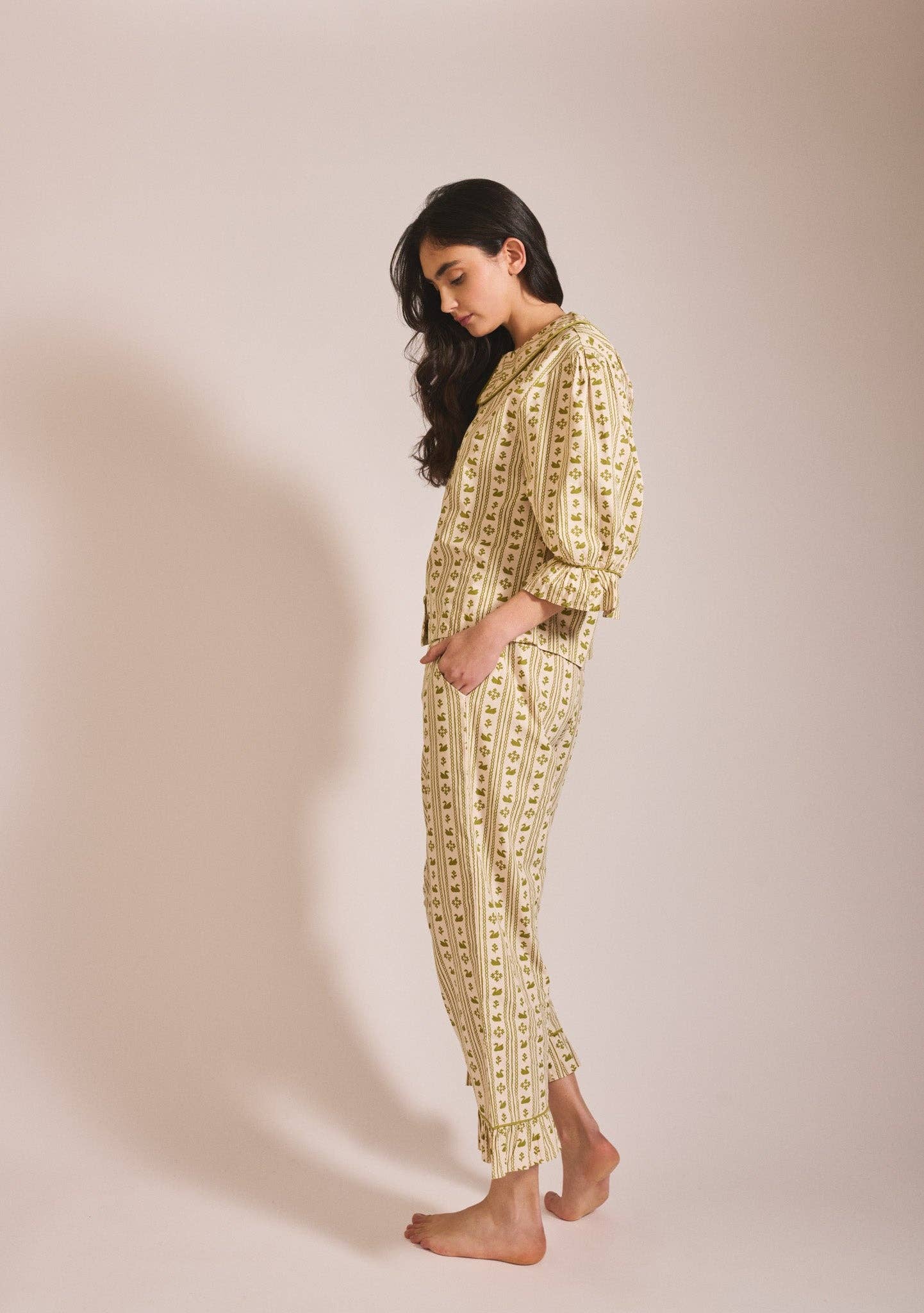 Cropped Cotton Pyjamas in Olive Swan - TBCo