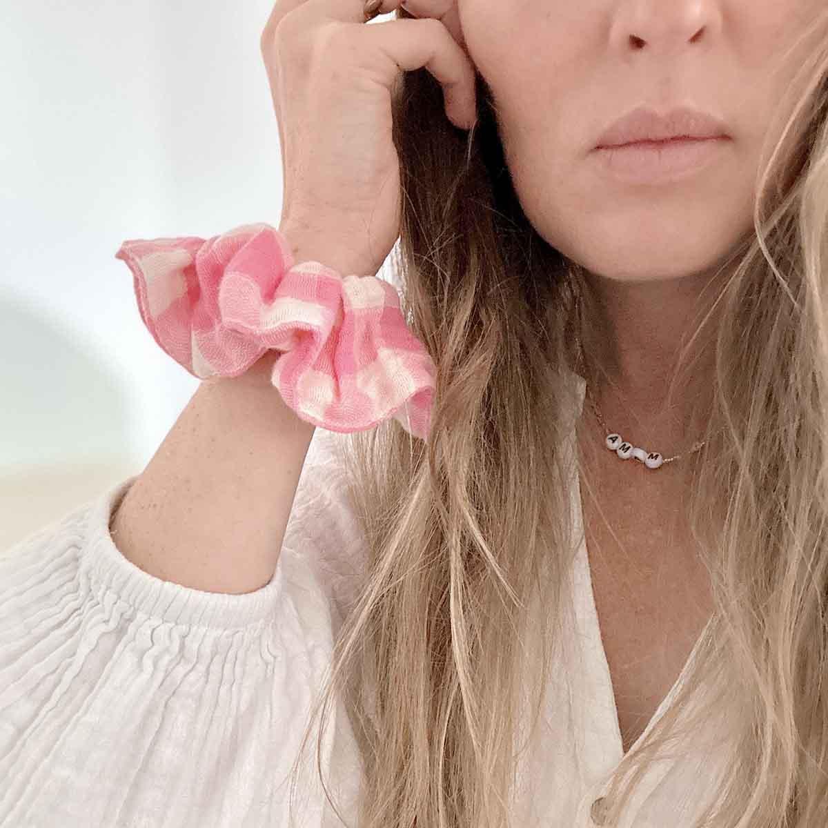 mein GRAM scrunchie pink gingham cotton hair accessory on wrist, premium casual style