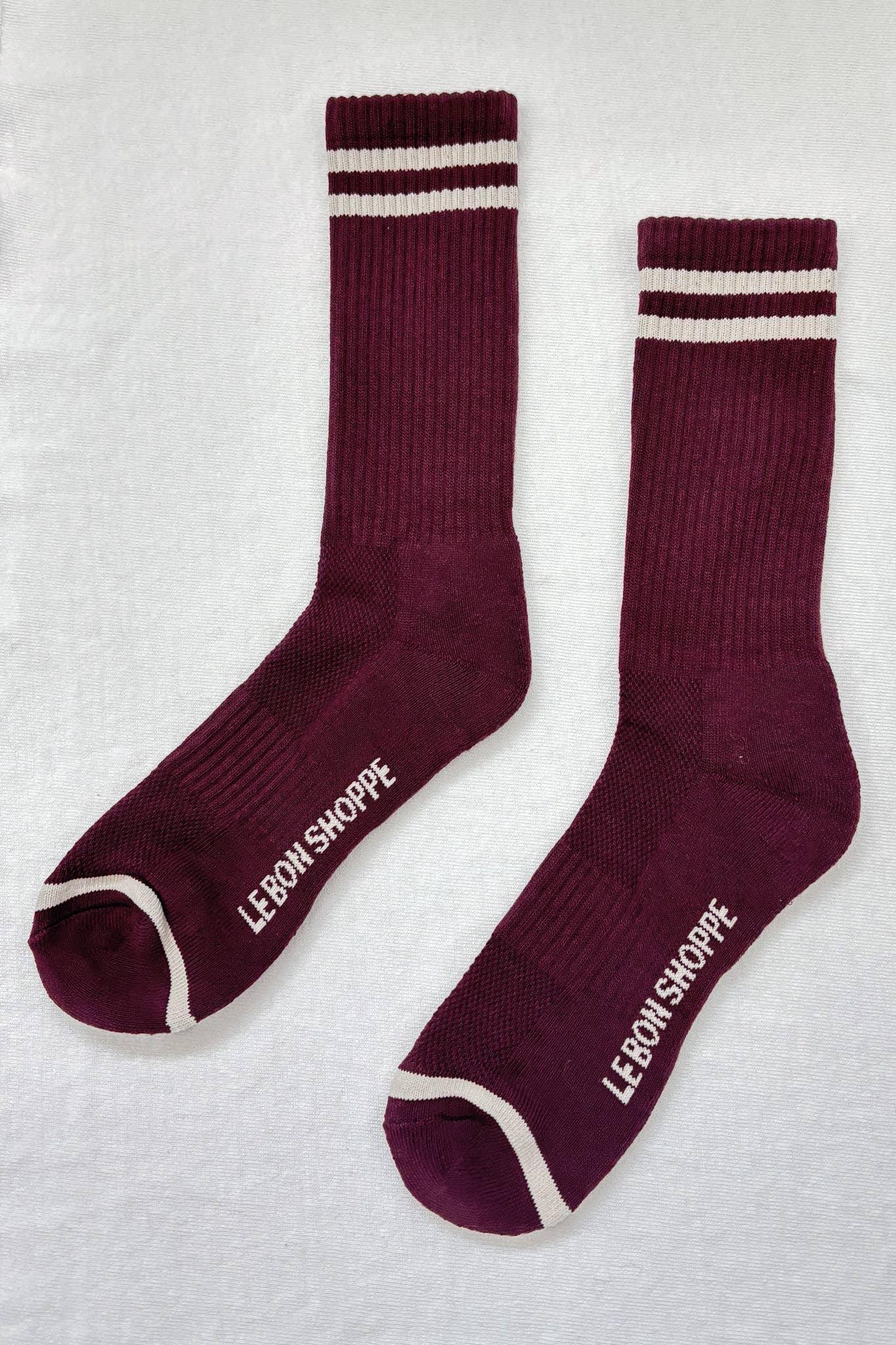 Le Bon Shoppe burgundy cotton crew socks with white stripes and logo