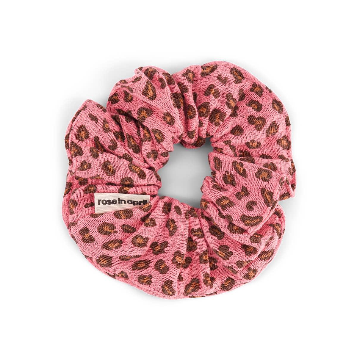 Rose in April pink scrunchie with leopard print pattern, premium fabric hair accessory