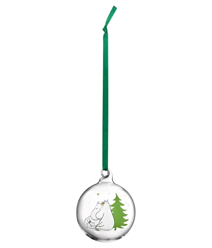 Arabia glass Christmas bauble with Moomin and green tree, premium white holiday ornament.