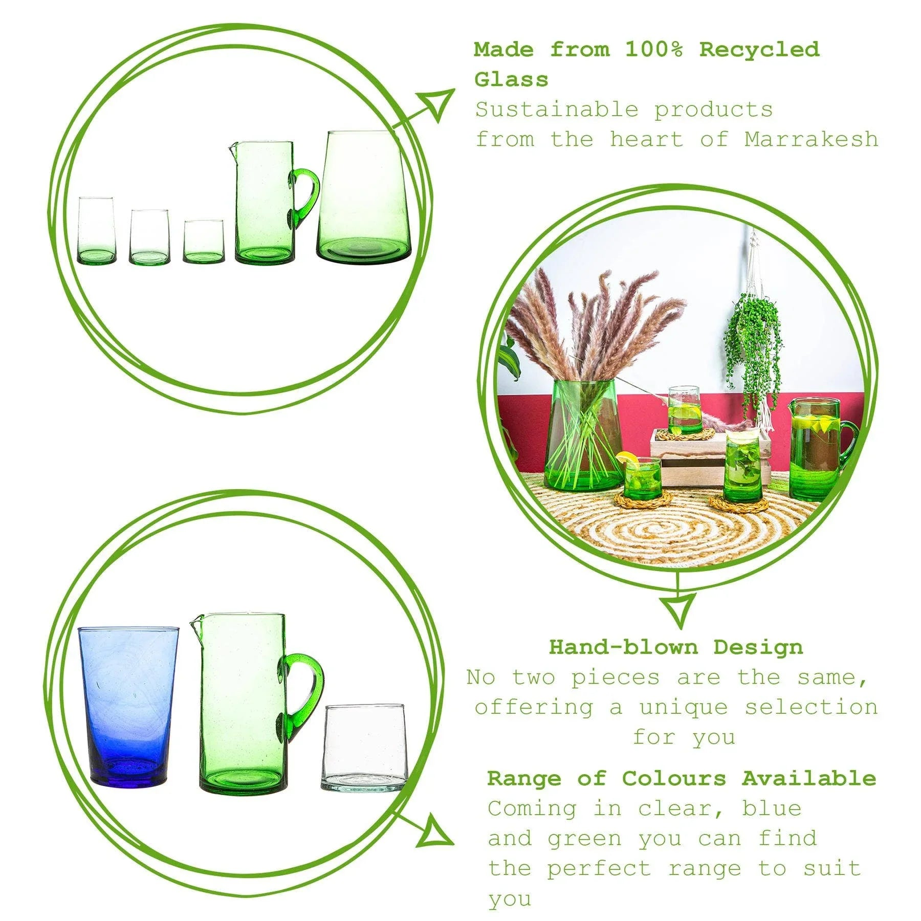 Marrakesh hand-blown recycled glass pitchers and tumblers in green, blue and clear.