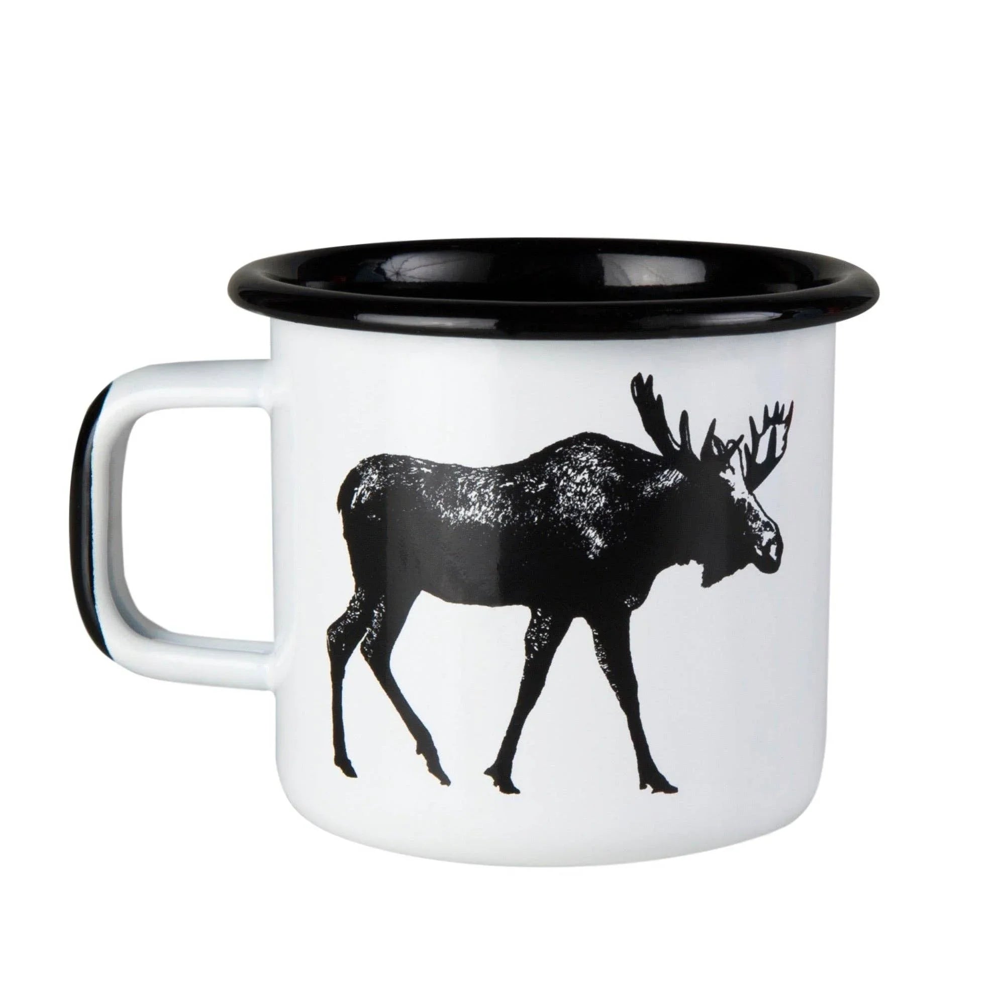 Danica Studio white enamel mug with black moose print and black rim