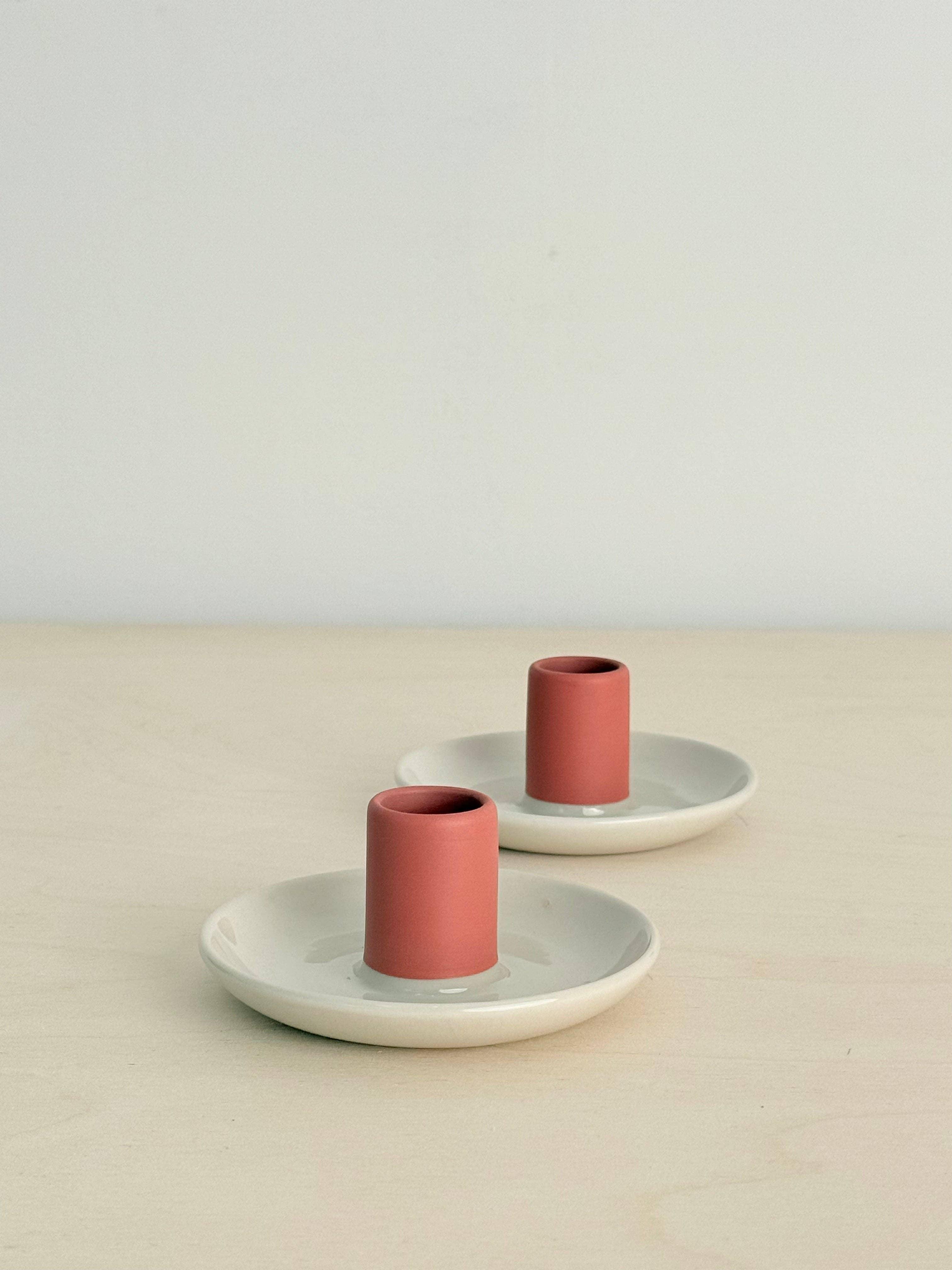 Sin Ceramics ceramic candle holders, blush pink and white, minimal modern design