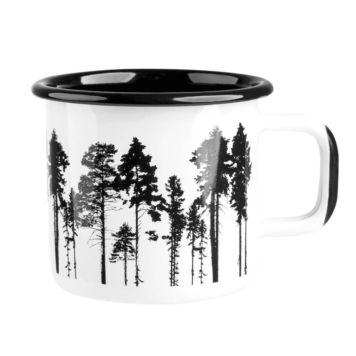 Folk Camp enamel mug, black and white metal, forest tree silhouette design