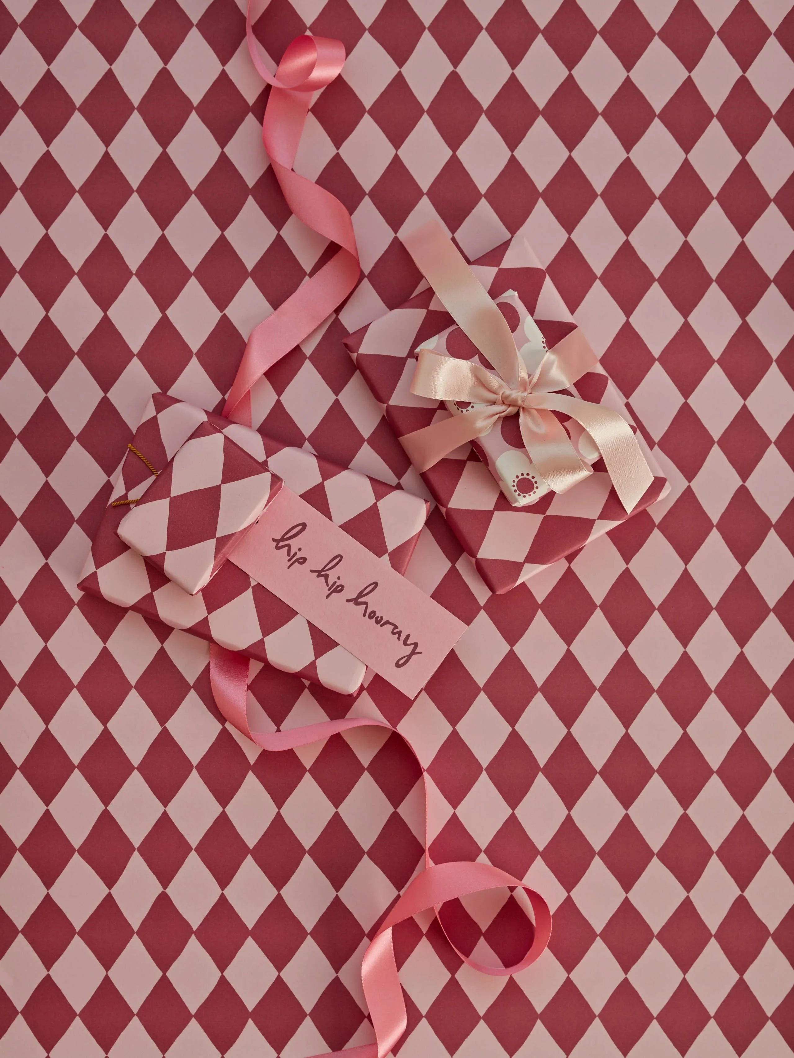 Wrappr pink and red diamond pattern gift wrap paper with satin ribbon and bow