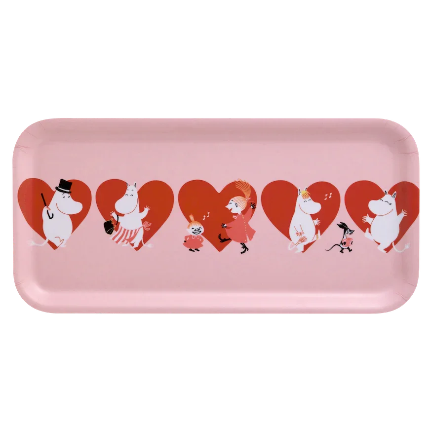 Moomin pink rectangular tray with red heart motifs, featuring cartoon characters, premium wood.