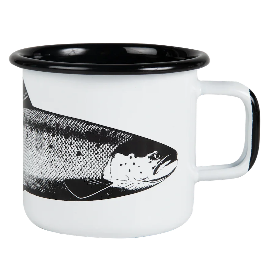 Stinson Studios enamel mug, white with black rim, featuring black fish illustration.