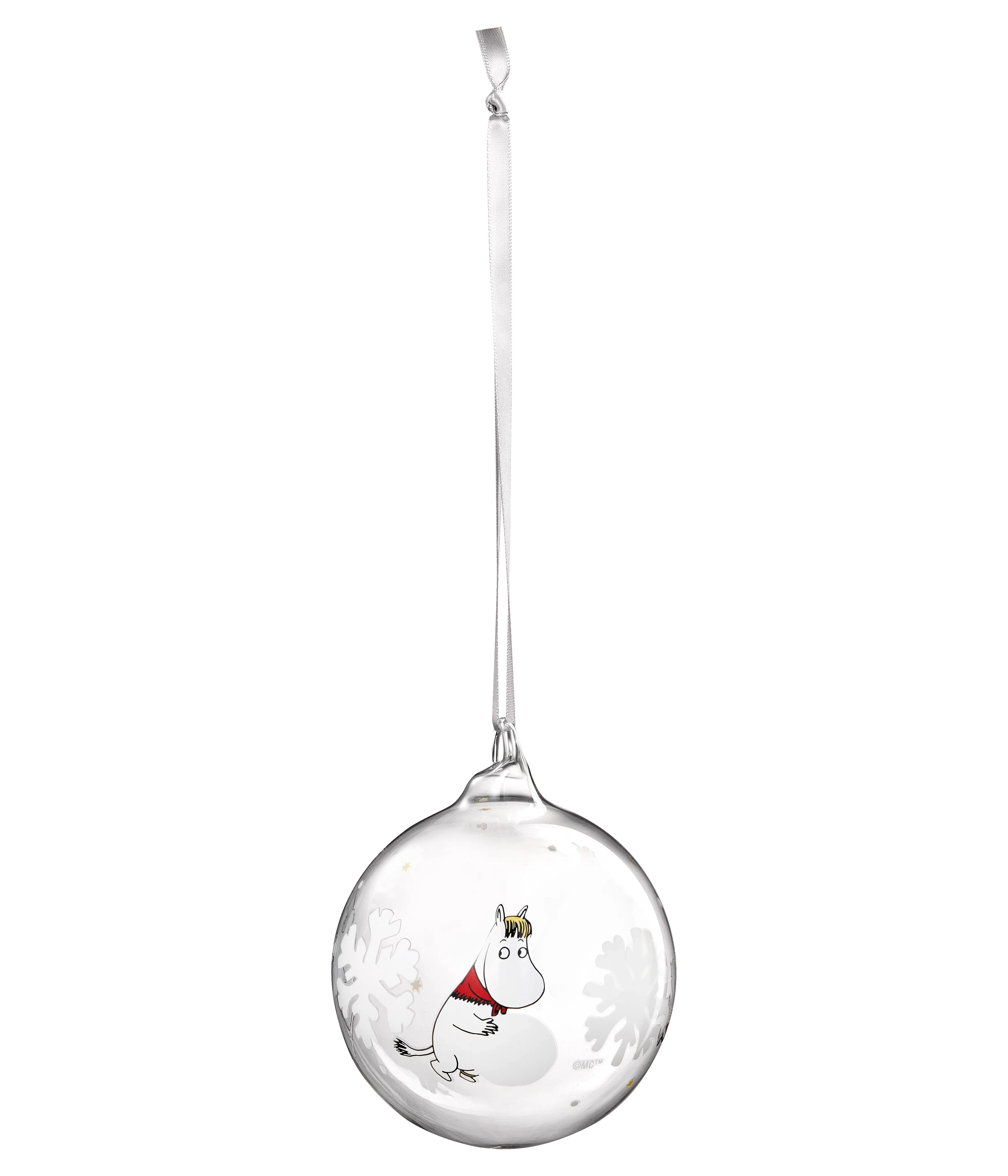 Moomin glass Christmas ornament, clear with white snowflake design and red scarf motif