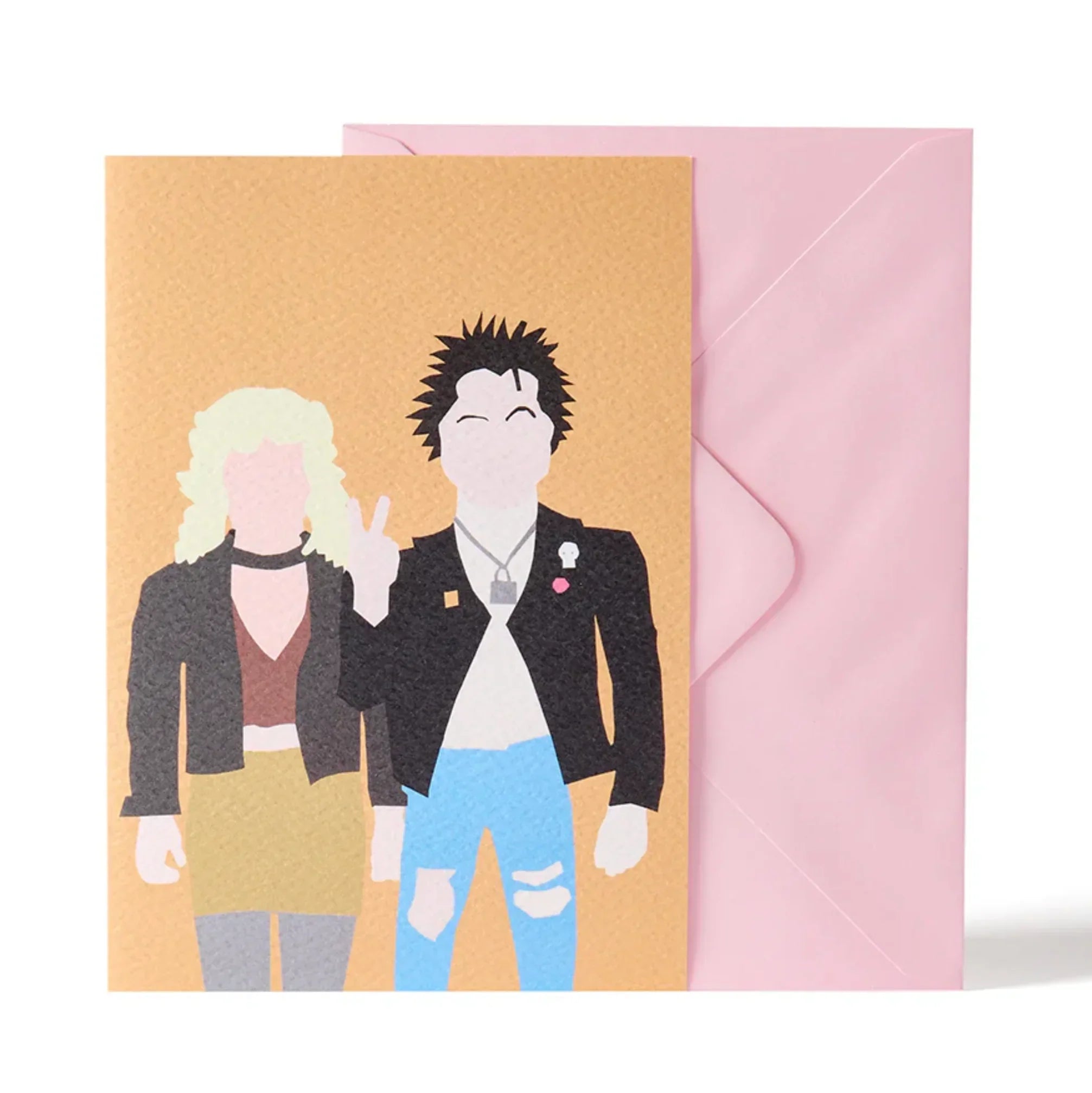 Couple greeting card by The Card Bureau, textured paper, pink envelope, black jackets