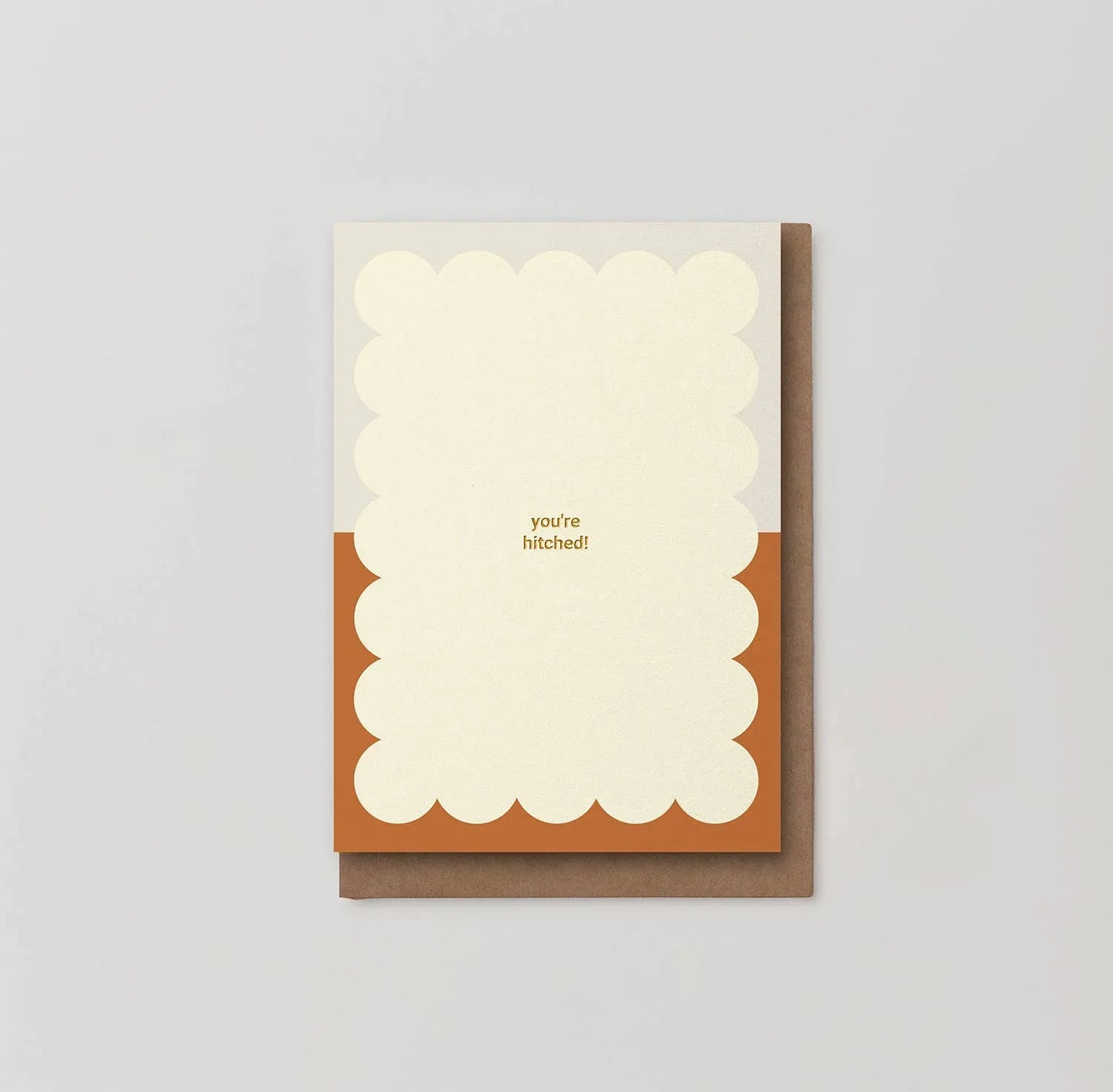 Red Cap Cards wedding card, scalloped cream paper, brown accents, you're hitched text