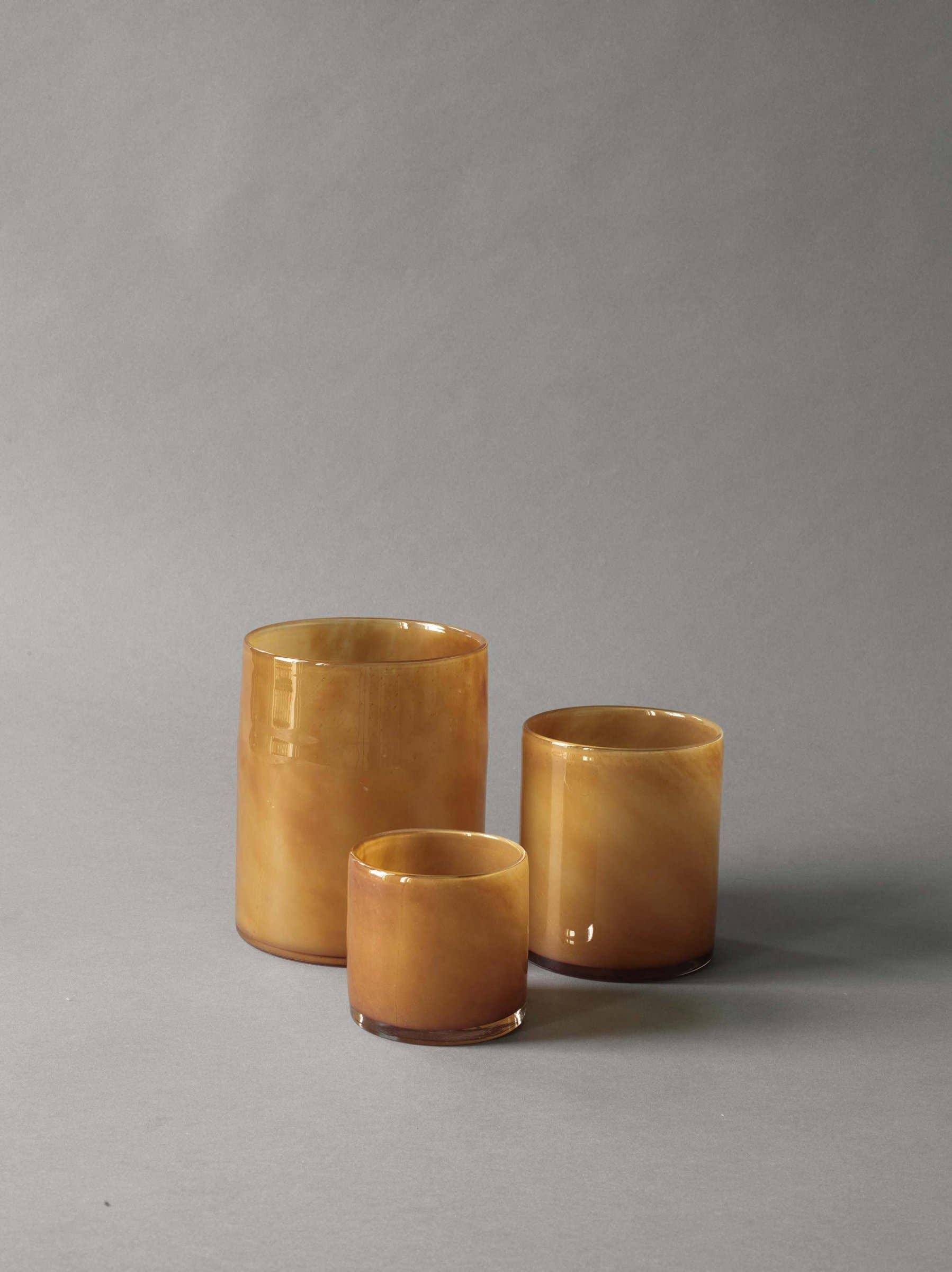 TWO Moods amber glass vessels set, cylindrical, handcrafted brown glass, minimalist design