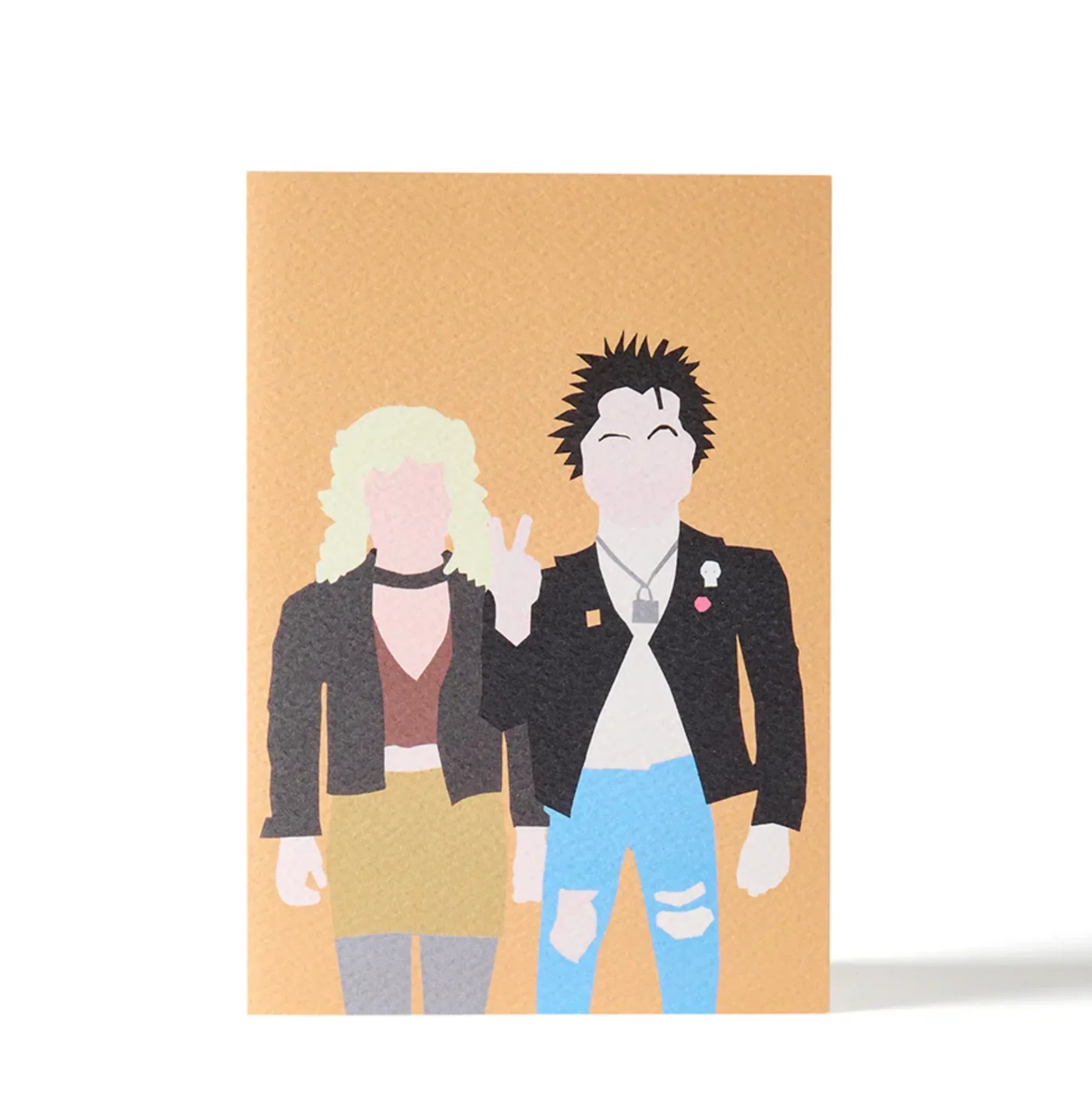 Heiress punk couple card, textured paper, minimalist illustration, black jackets, tan background